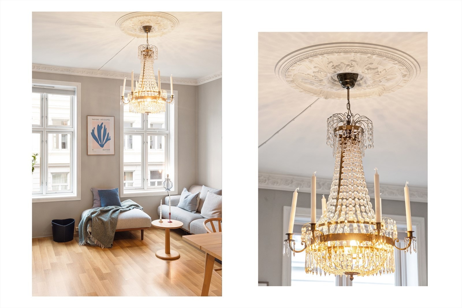 Leiligheten har en romslig takhøyde og stukkatur og rosett i taket gir stuen et klassisk preg. Galleribilde