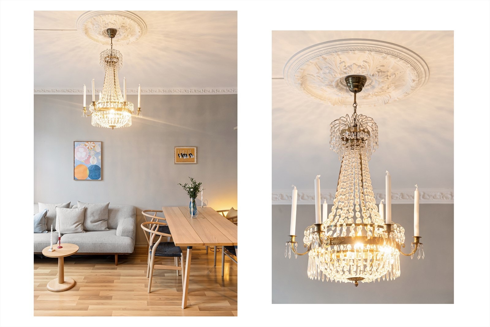 Stukkatur og rosett i taket gir stuen et klassisk preg. Galleribilde