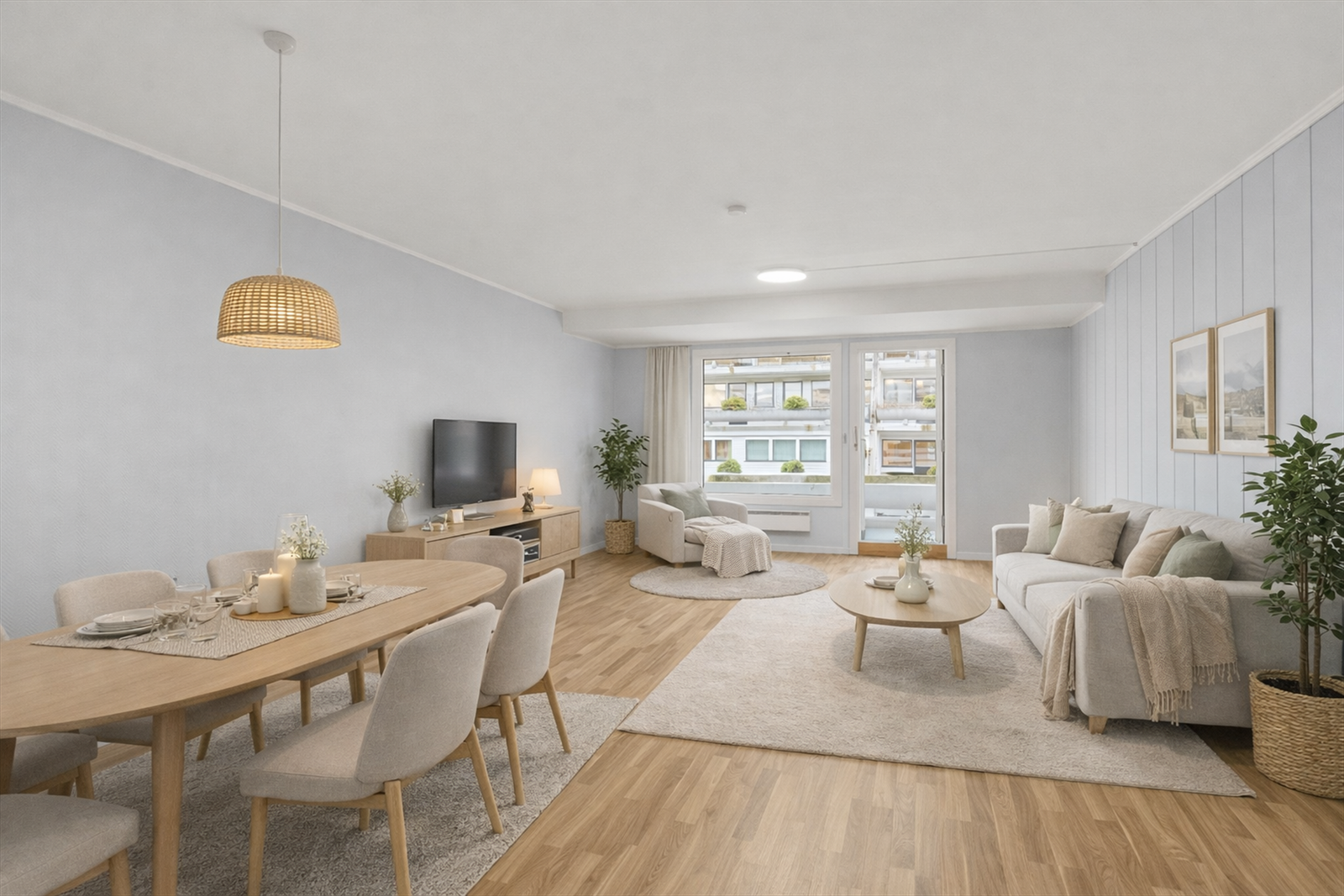 Stuen er av god størrelse og har plass til å møblere i soner. (Virtuelt stylet) Galleribilde