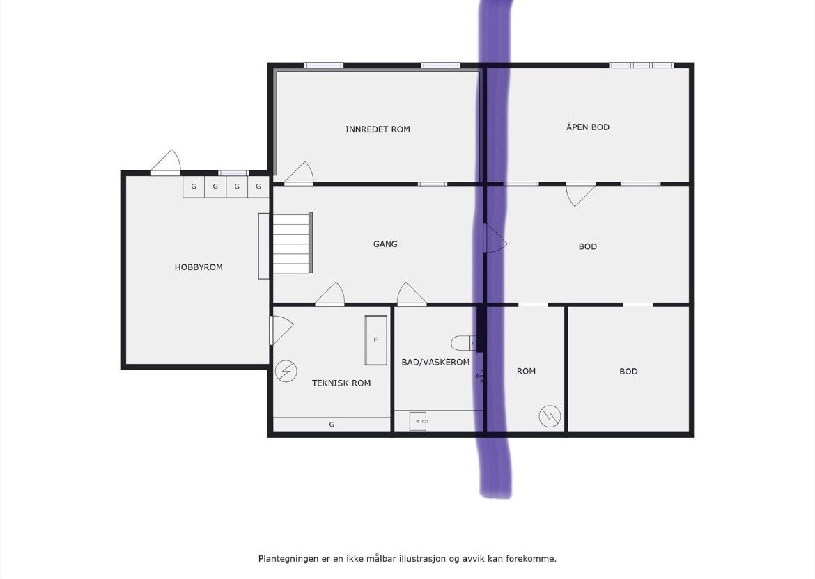 Delen til høyre for lilla linje er ikke en del av arealet som leies ut Galleribilde