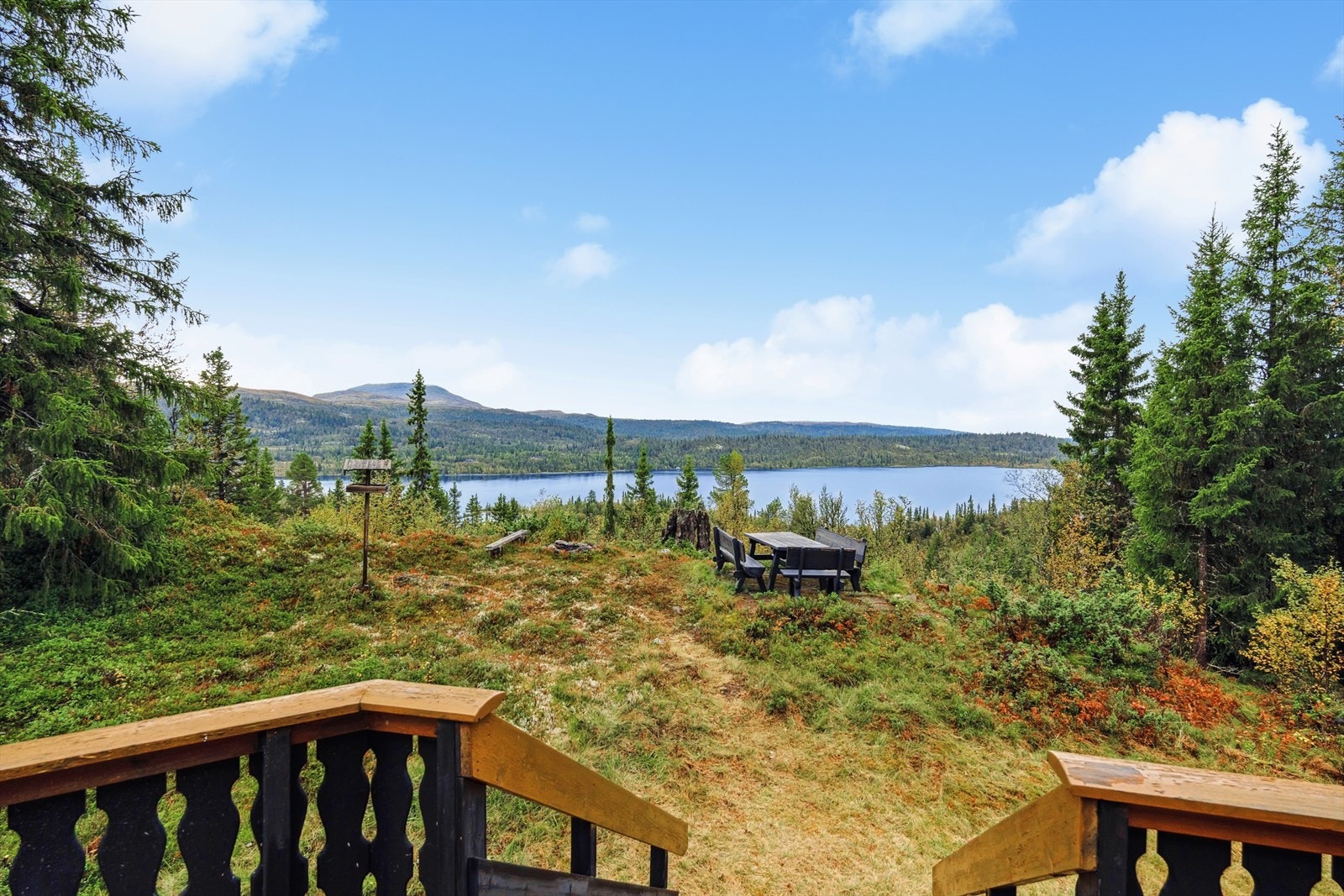 Fritidseiendommen har en naturtomt på ca. 1 mål, pent bevokst med gress, einer, gran og bjørketrær. Galleribilde