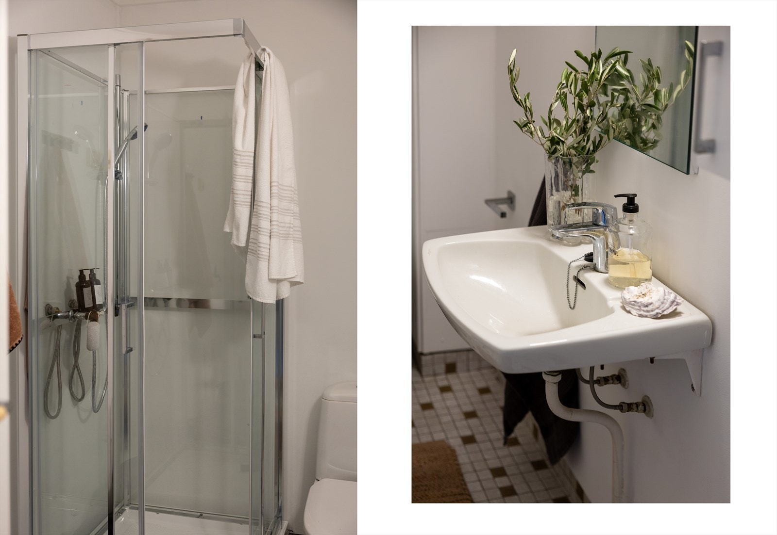 Rommet er innredet med dusjkabinett, veggmontert servant og gulvmontert toalett. Det er opplegg for vaskemaskin. Badet må påregnes oppgradert for å møte dagens standard. Galleribilde