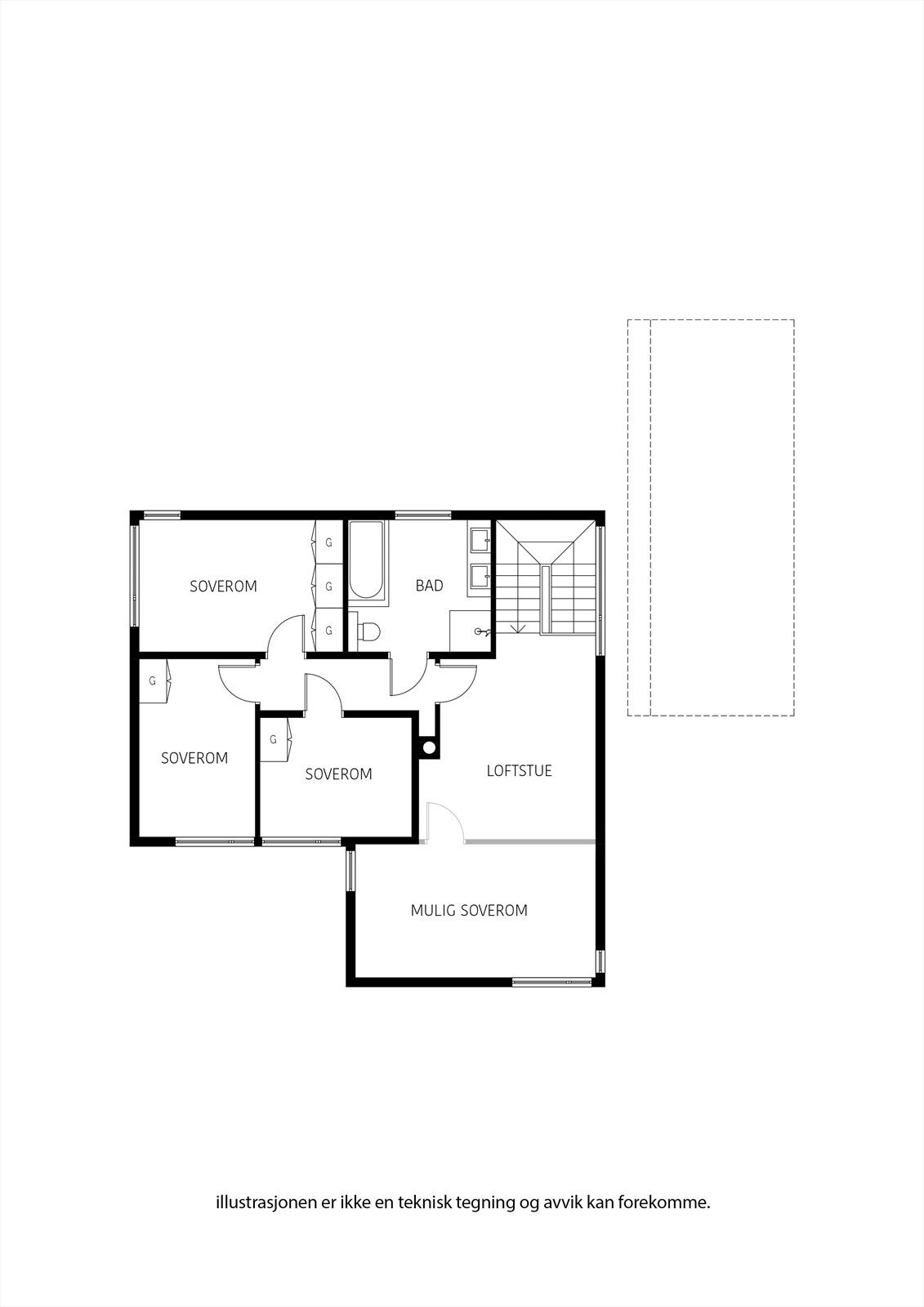 Familiens etasje oppe er komplett. Romslig stue kan bli stue og soverom nr. 4. Galleribilde
