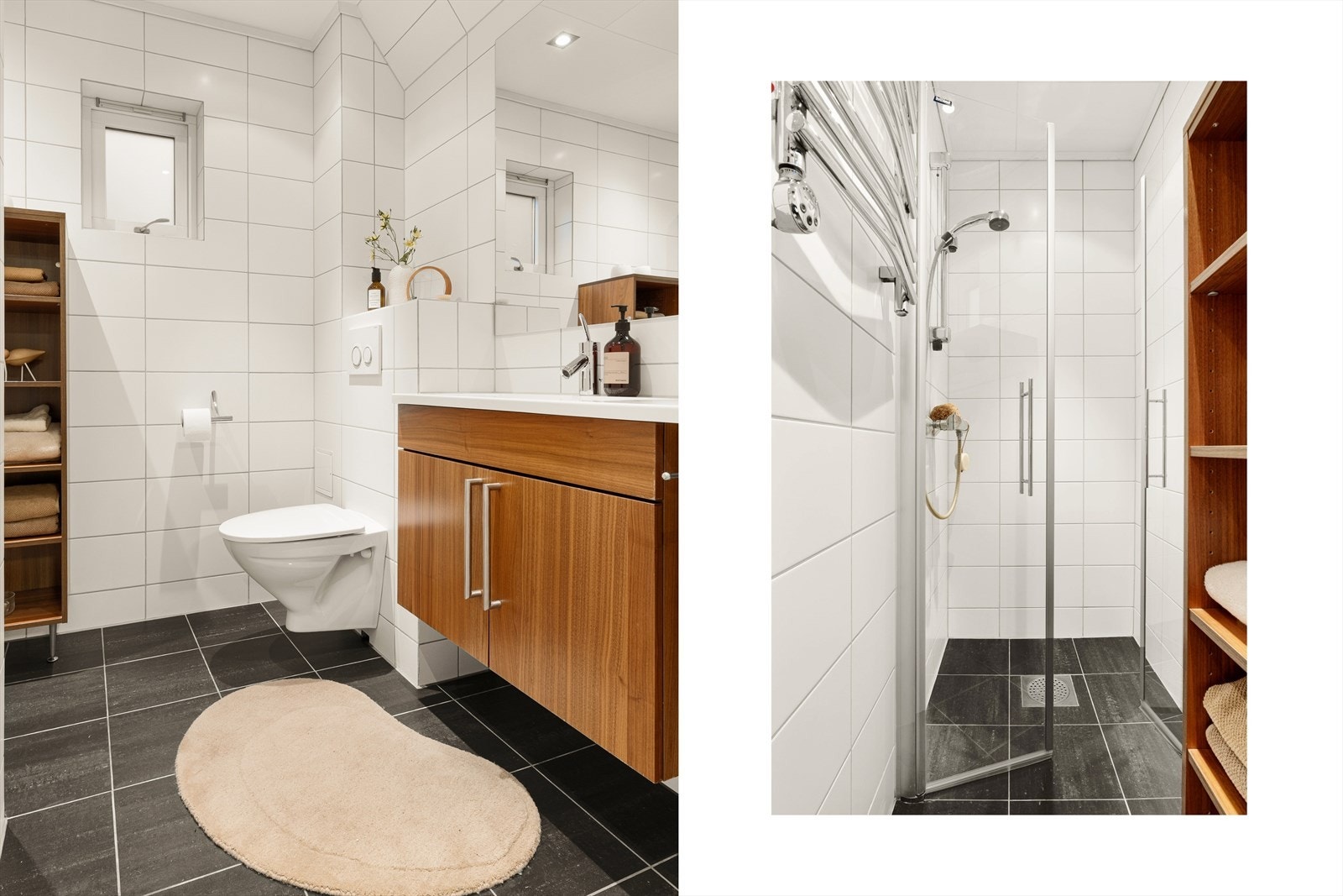 Helfliset baderom med varme i gulvet, innredet med vegghengt servant i møbel, vegghengt toalett, håndkletørker og praktisk dusjhjørne. Galleribilde