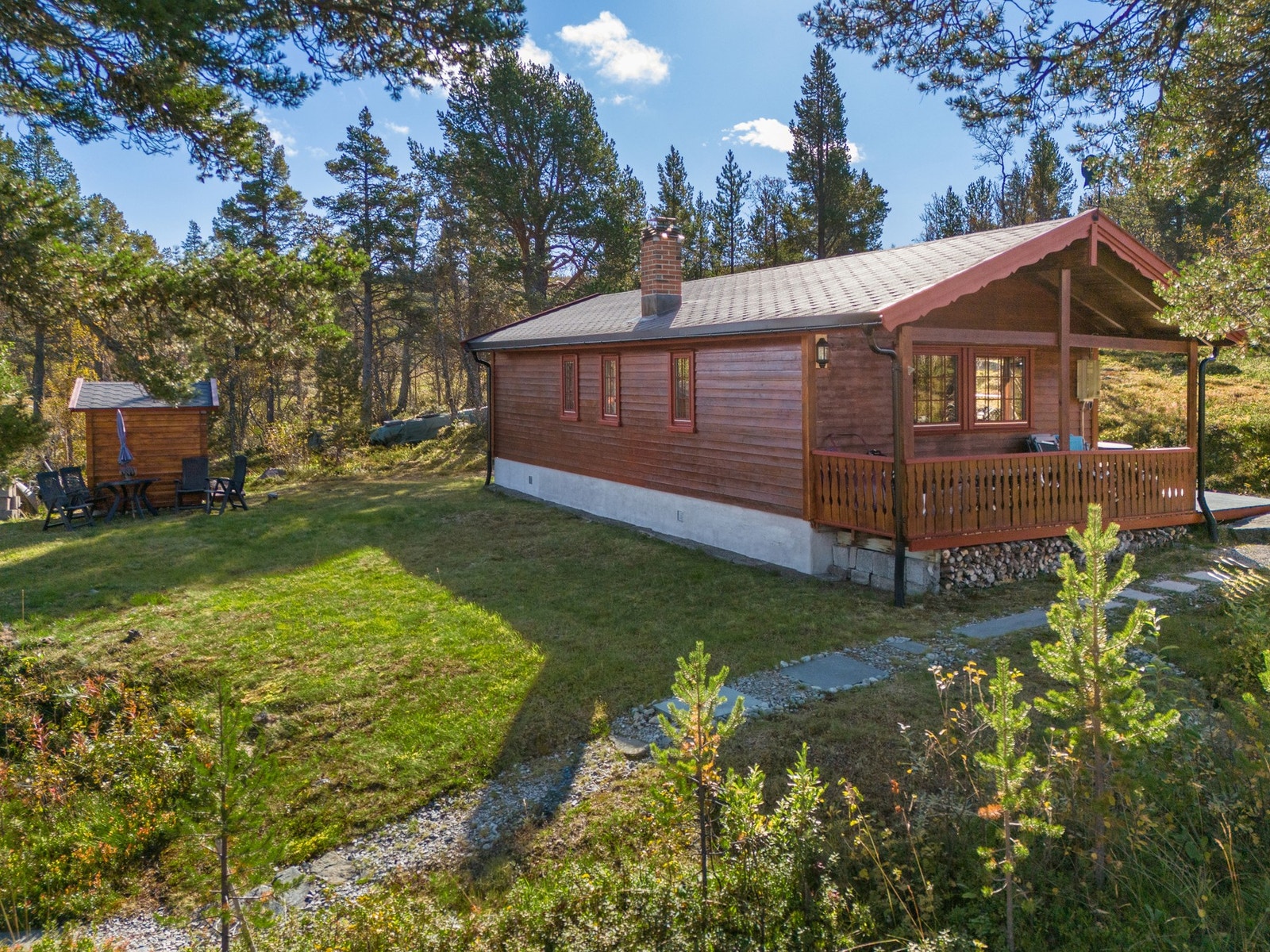 Hytten ligger ca. 943 moh. og ligger i et flott høyfjellsterreng med spredt hyttebebyggelse Galleribilde