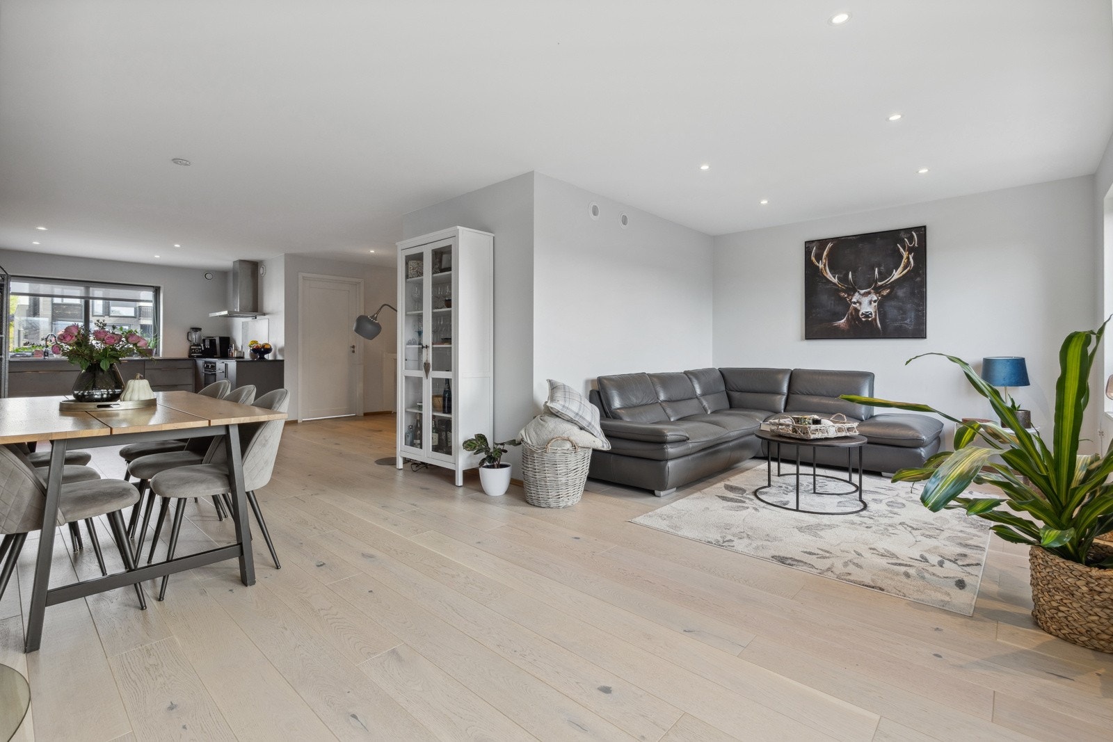 På gulvet er det lagt nydelig lyspigmentert parkett som strekker seg sømløst inn i kjøkkenet. Galleribilde