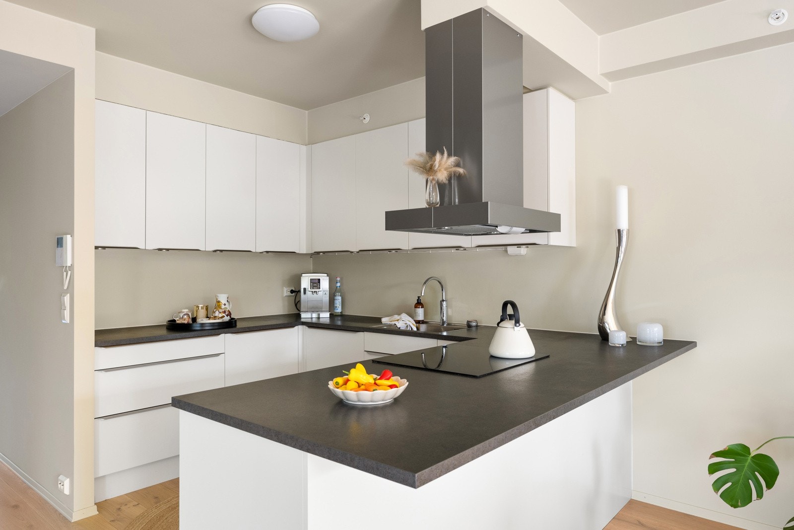 Kjøkkenet er innredet med platetopp med ventilator over. Galleribilde