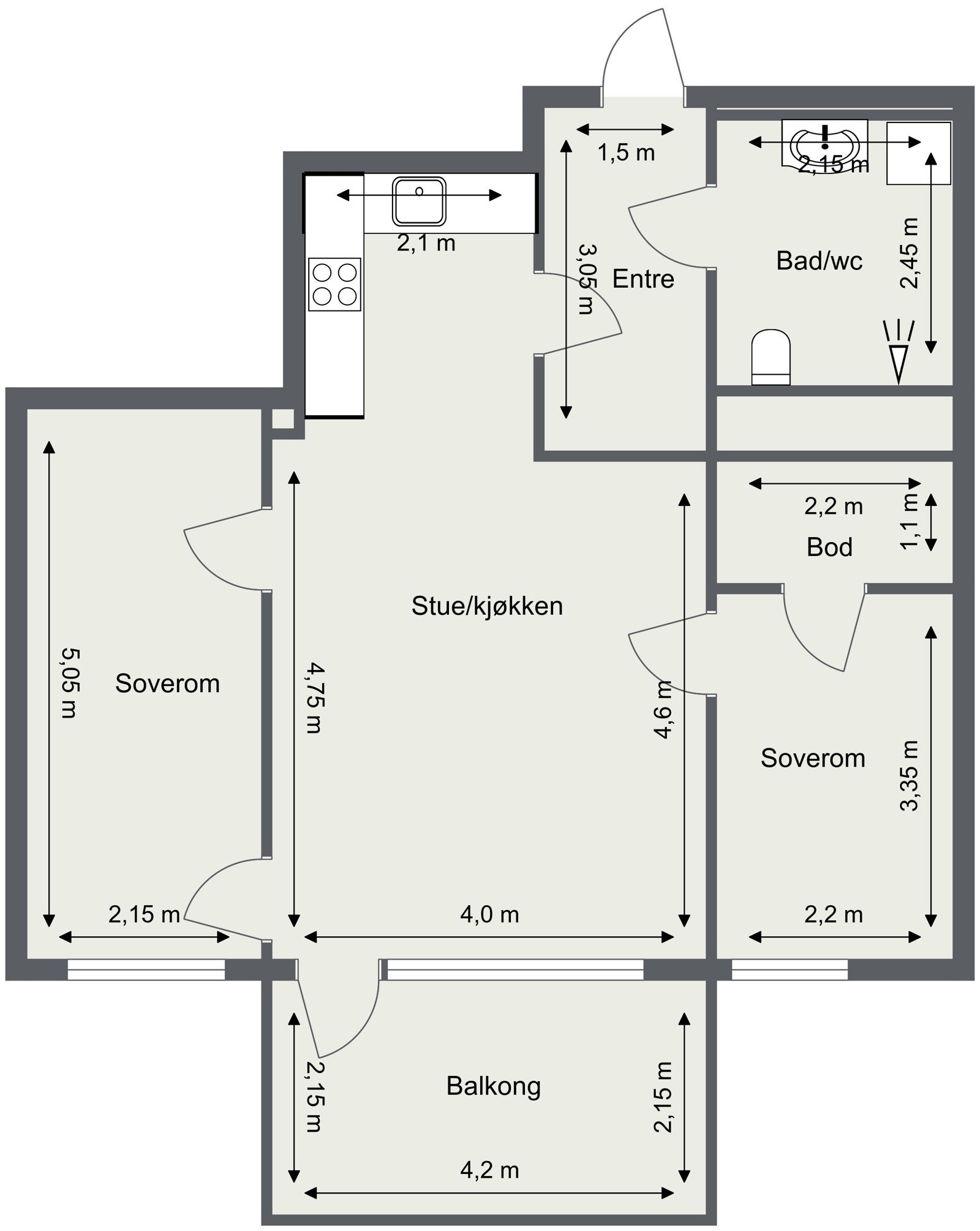 Innhold: Entré, bad/wc, bod, 2 soverom, og stue/kjøkken. Galleribilde