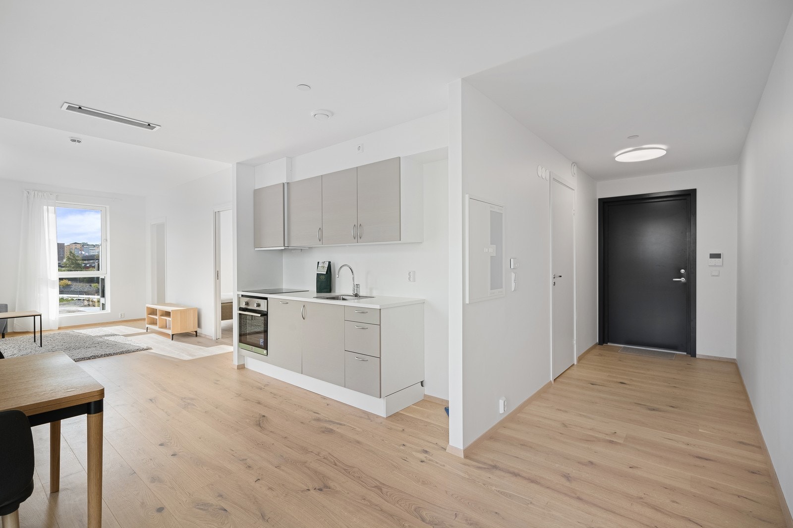 Oversiktsbilde som viser entre, kjøkken mot stue og soverom Galleribilde