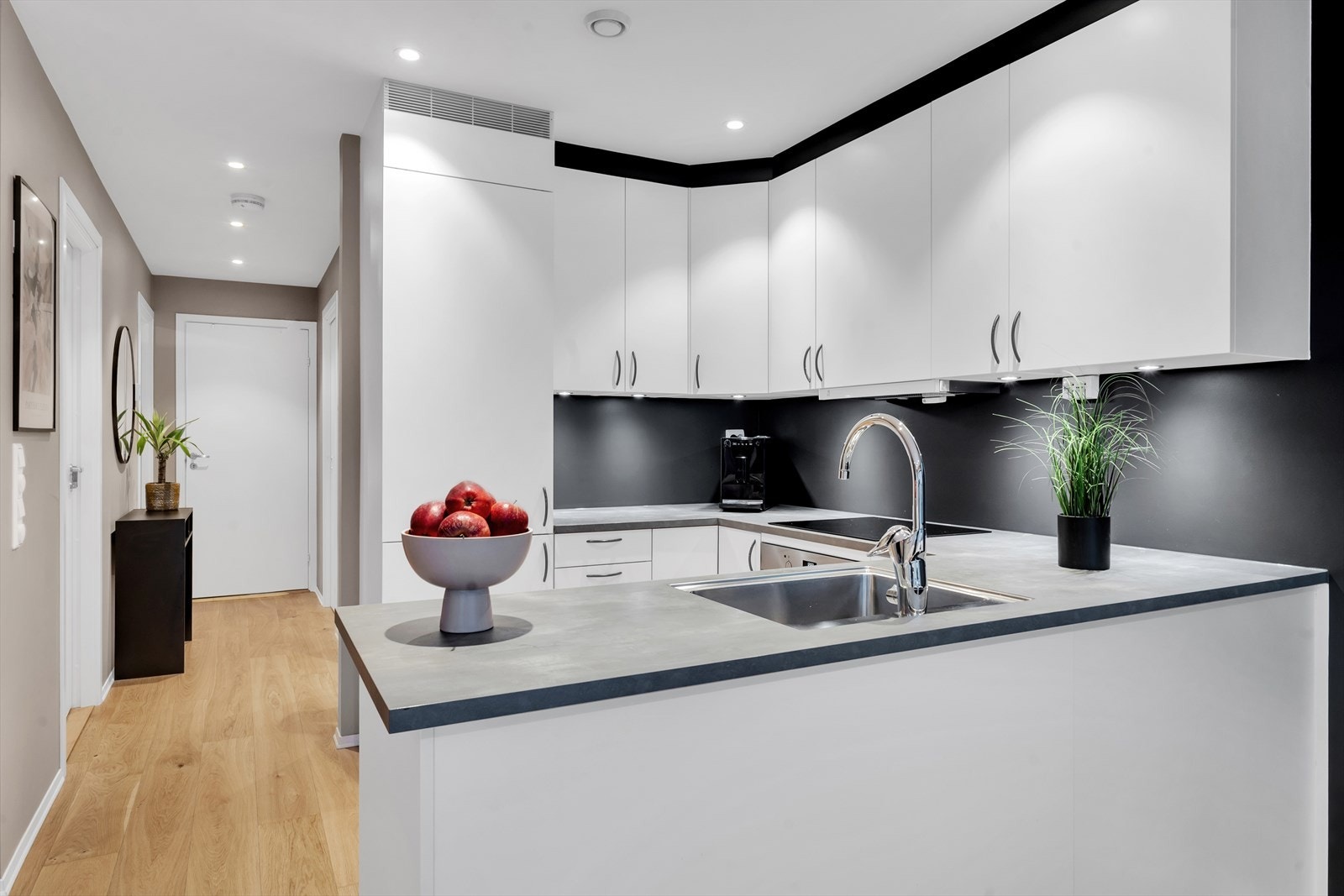 Integrerte hvitevarer, samt nedfelte downlights over benkeplaten. Galleribilde