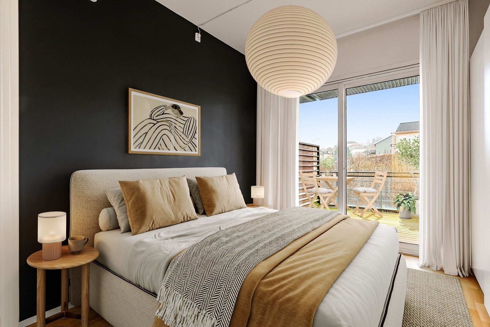 Leilighetenshovedsoverom er på 11,5 kvm og har direkte utgang til solrik balkong. Digital Styling Galleribilde