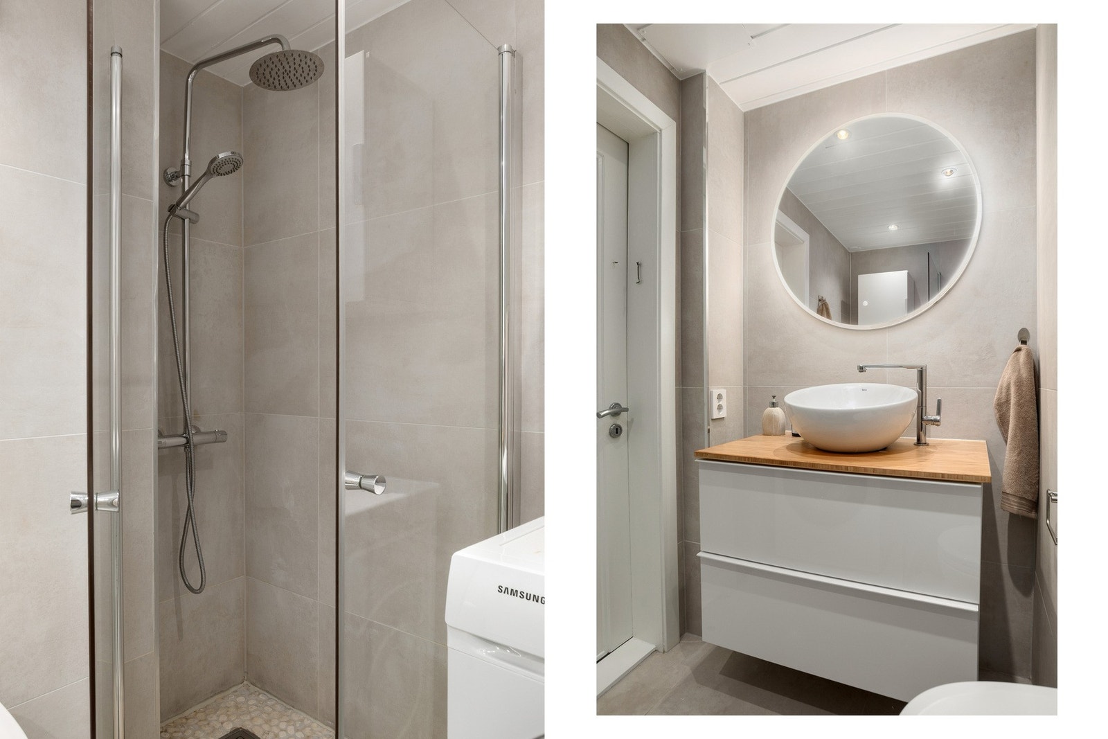 Badet har flislagt gulv med behagelig gulvvarme og stilrene flislagte vegger. Det er utstyrt med vegghengt servantskap, speil med integrert belysning, opplegg for vaskemaskin, samt dusj med både hånddusj og regndusj - for en liten ekstra hverdagsluksus. Galleribilde