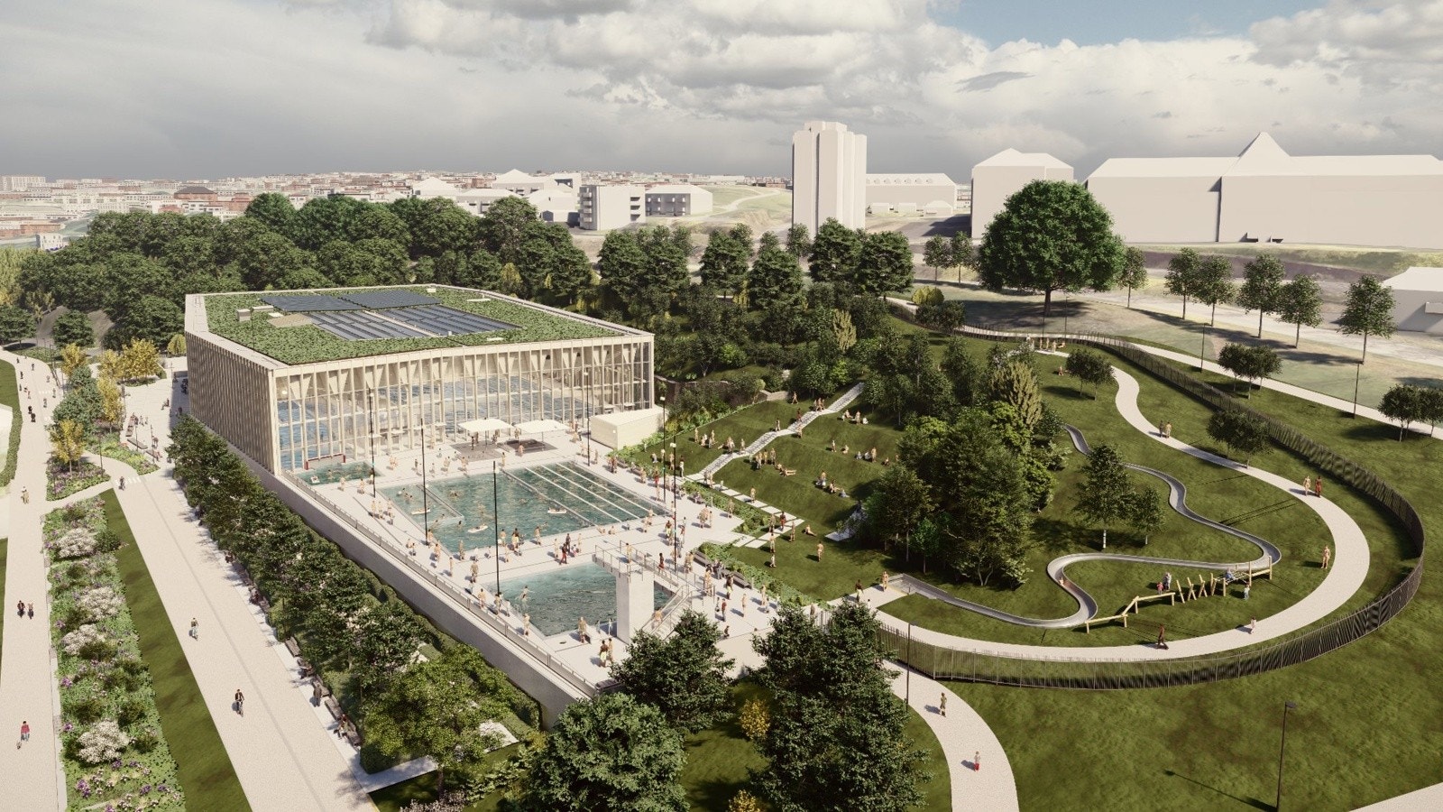 Illustrasjon av det nye tøyenbadet. Det nye Tøyenbadet er et toppmoderne svømmeanlegg med innendørs- og utendørsbassenger. Galleribilde