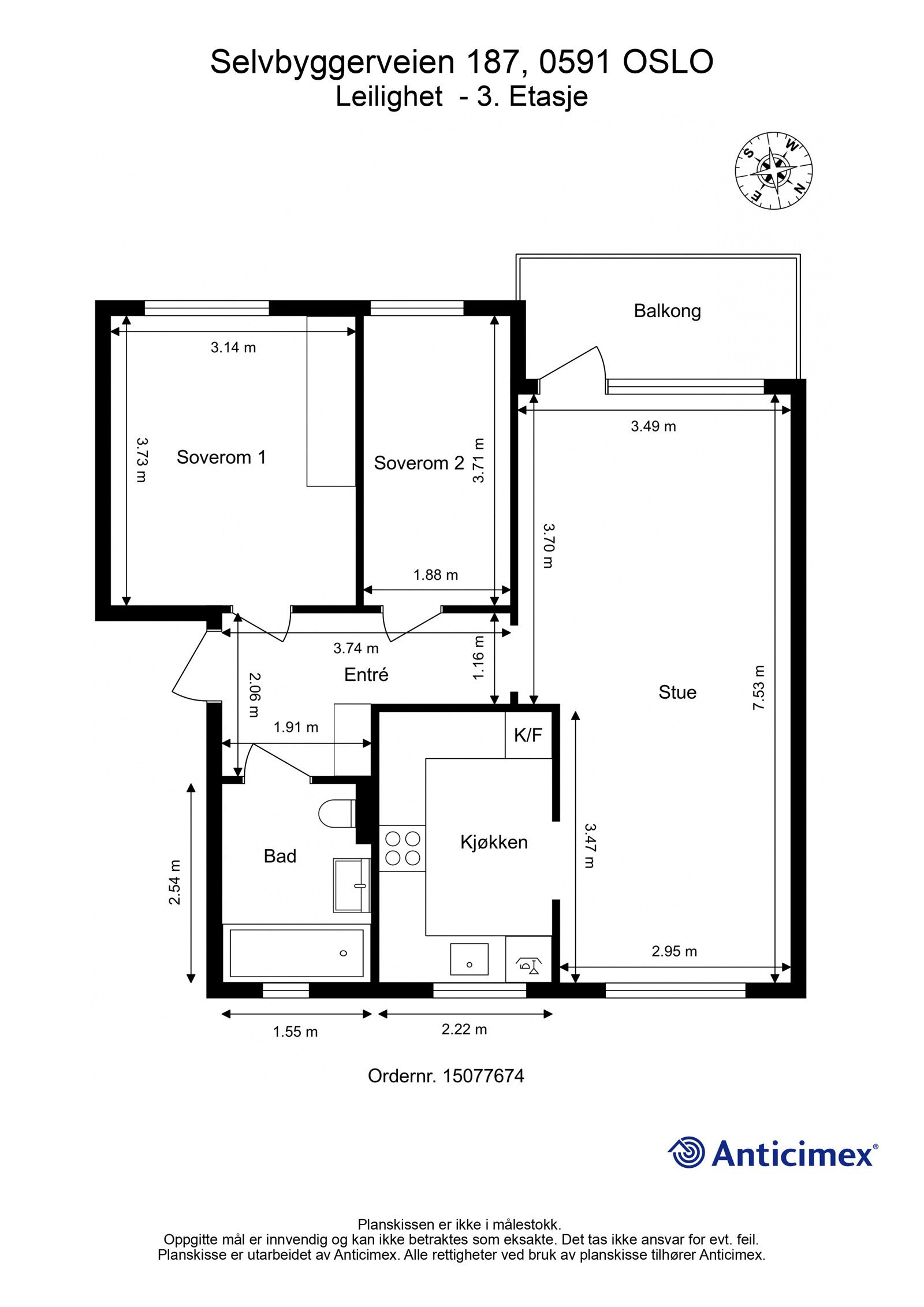 Plantegning 3. etasje. I tillegg disponerer leiligheten en kjellerbod på ca. 10m², samt en loftsbod med gulvareal på ca. 9m². Galleribilde