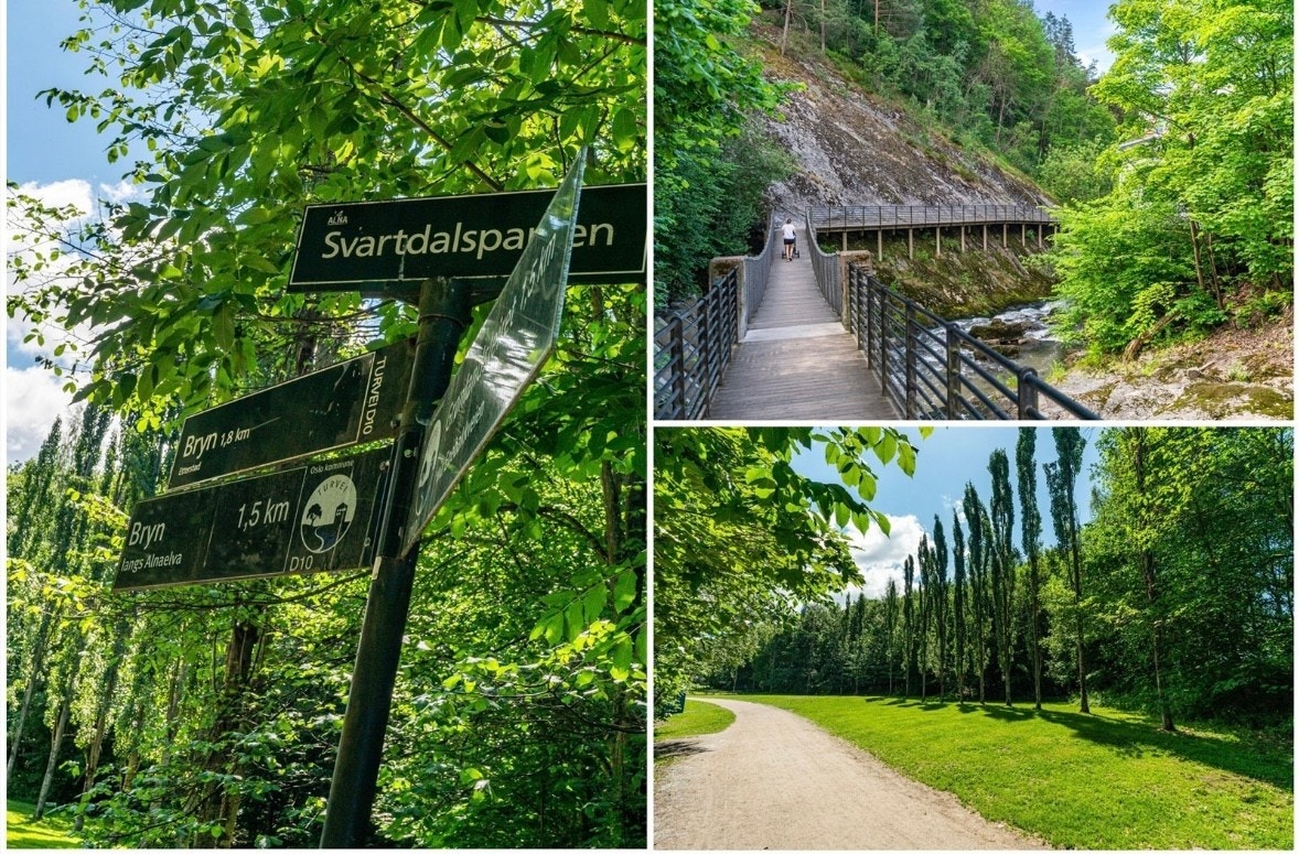 Parkarealer og turstier langs Alnaelva og i Svartdalsparken, i umiddelbar nærhet. Galleribilde
