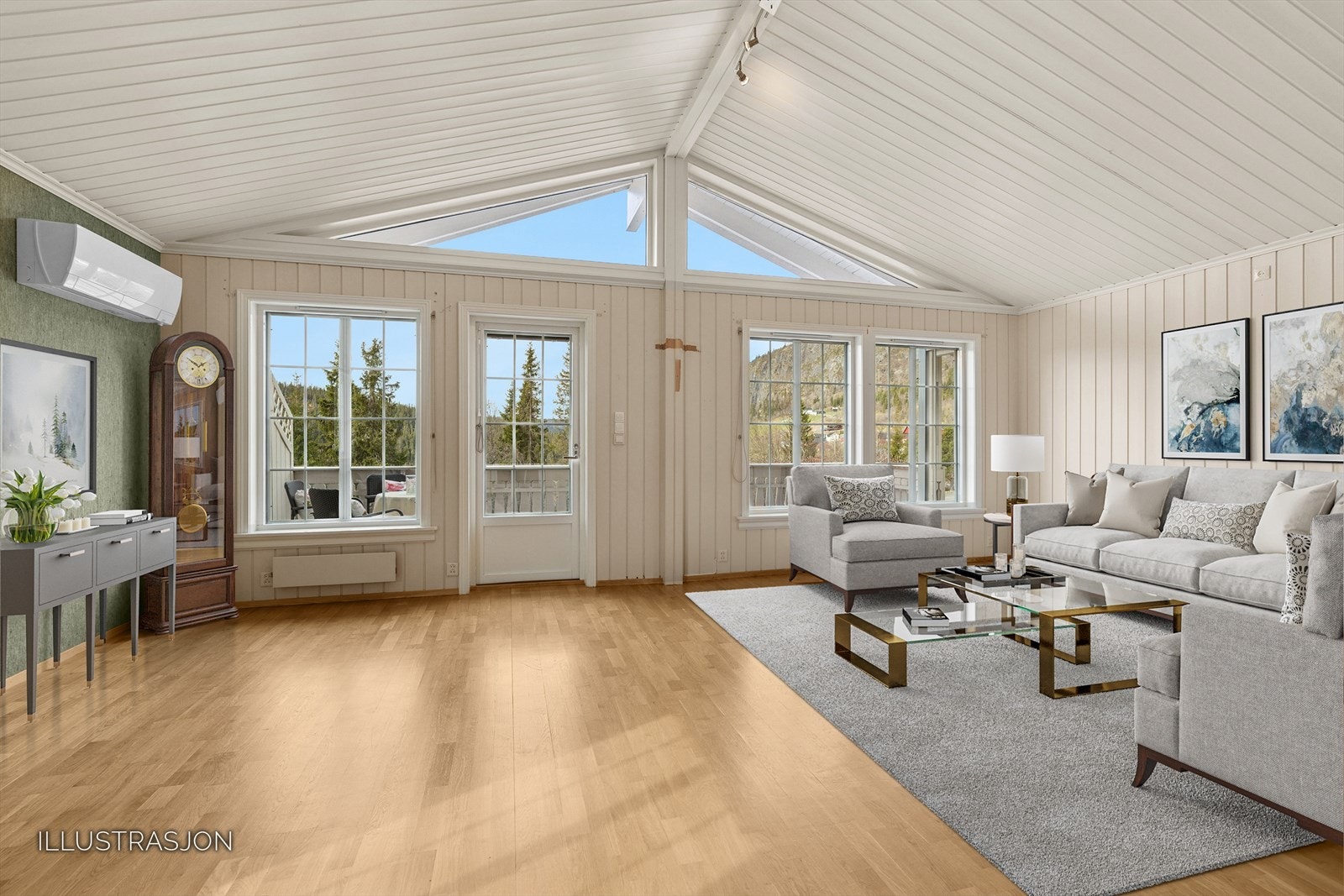 Lys og romslig stue - Perfekt for avslapning og sosiale sammenkomster (Digital boligstyling). Galleribilde