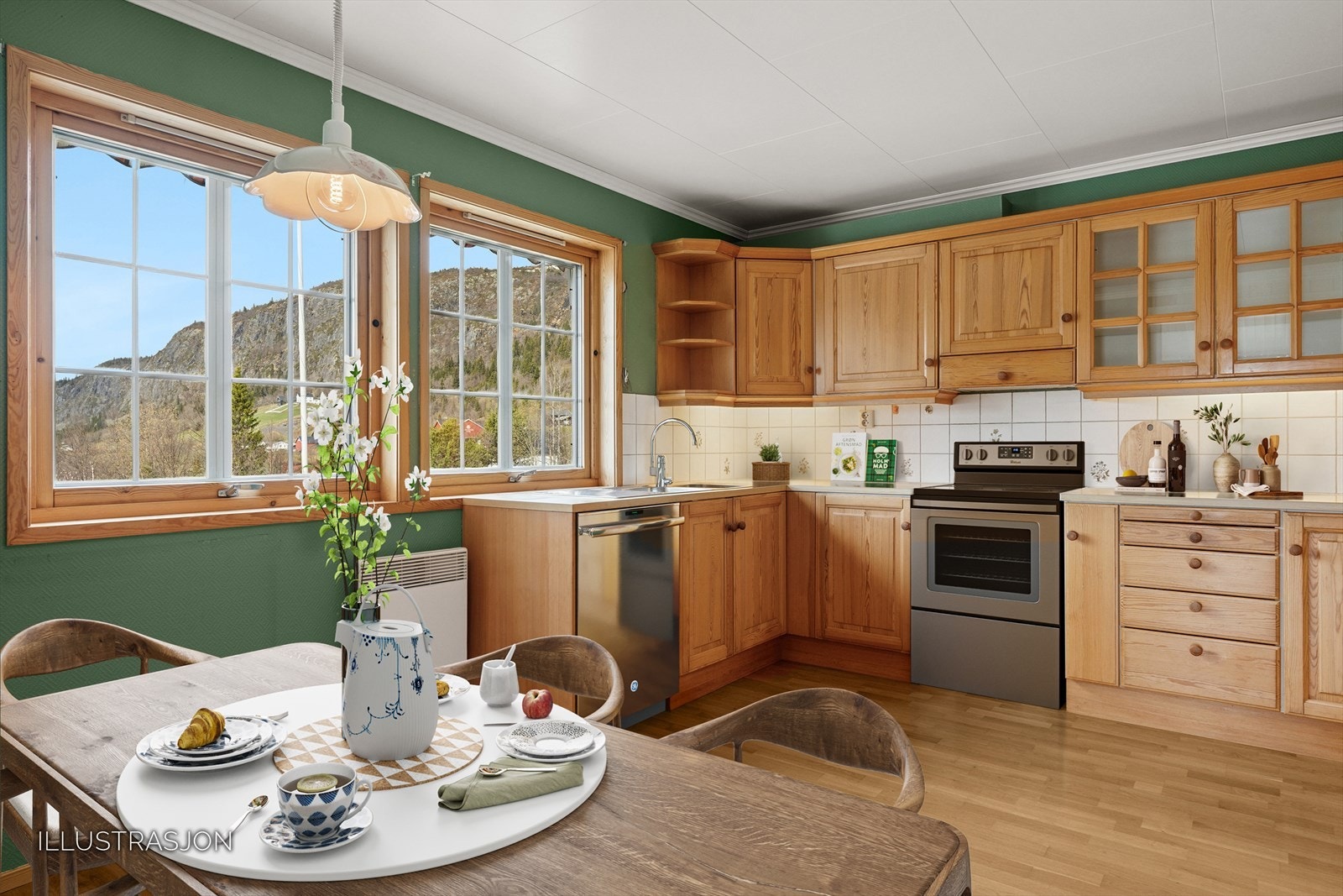 Kjøkkenet har plass til matlaging og oppbevaring. Lys og romslig stue - perfekt for avslapning og sosiale sammenkomster (Digital boligstyling). Galleribilde