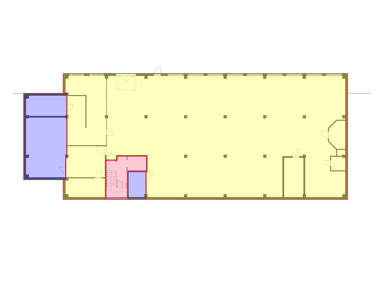 Lokalets areal er markert i gul. Blå og røde soner er fellesareal. Galleribilde
