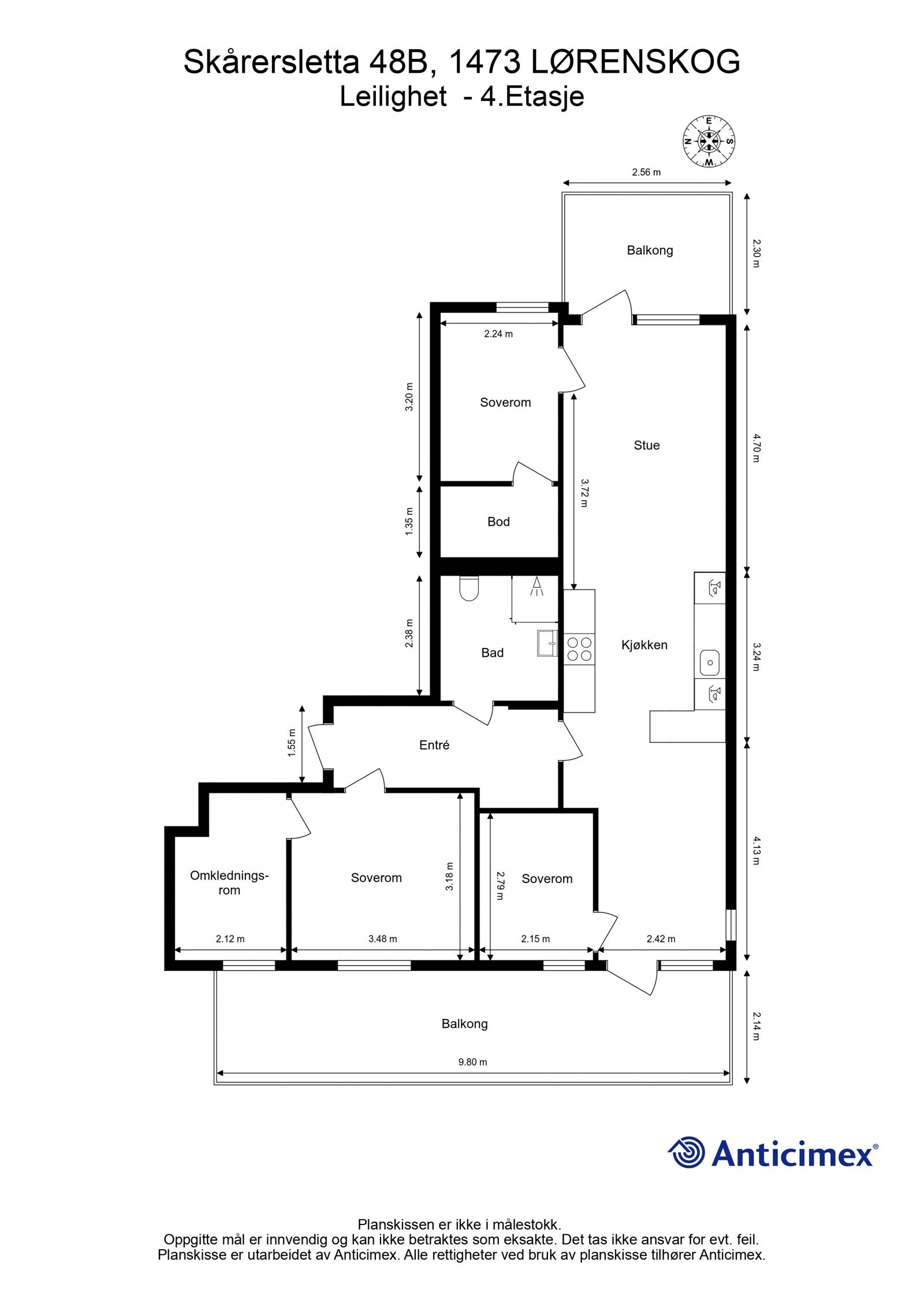 Innhold: Entré, stue, kjøkken, bad, tre soverom, omkledningsrom og bod. Galleribilde