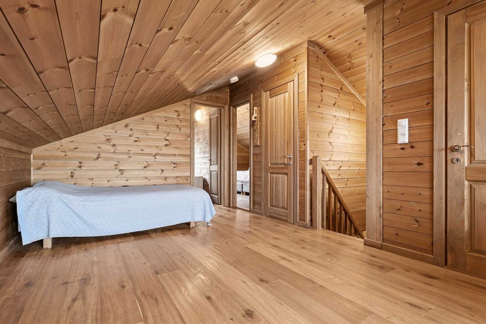 Øverste plan inkluderer en egen loftstue, et separat toalettrom og tre gode soverom. Galleribilde