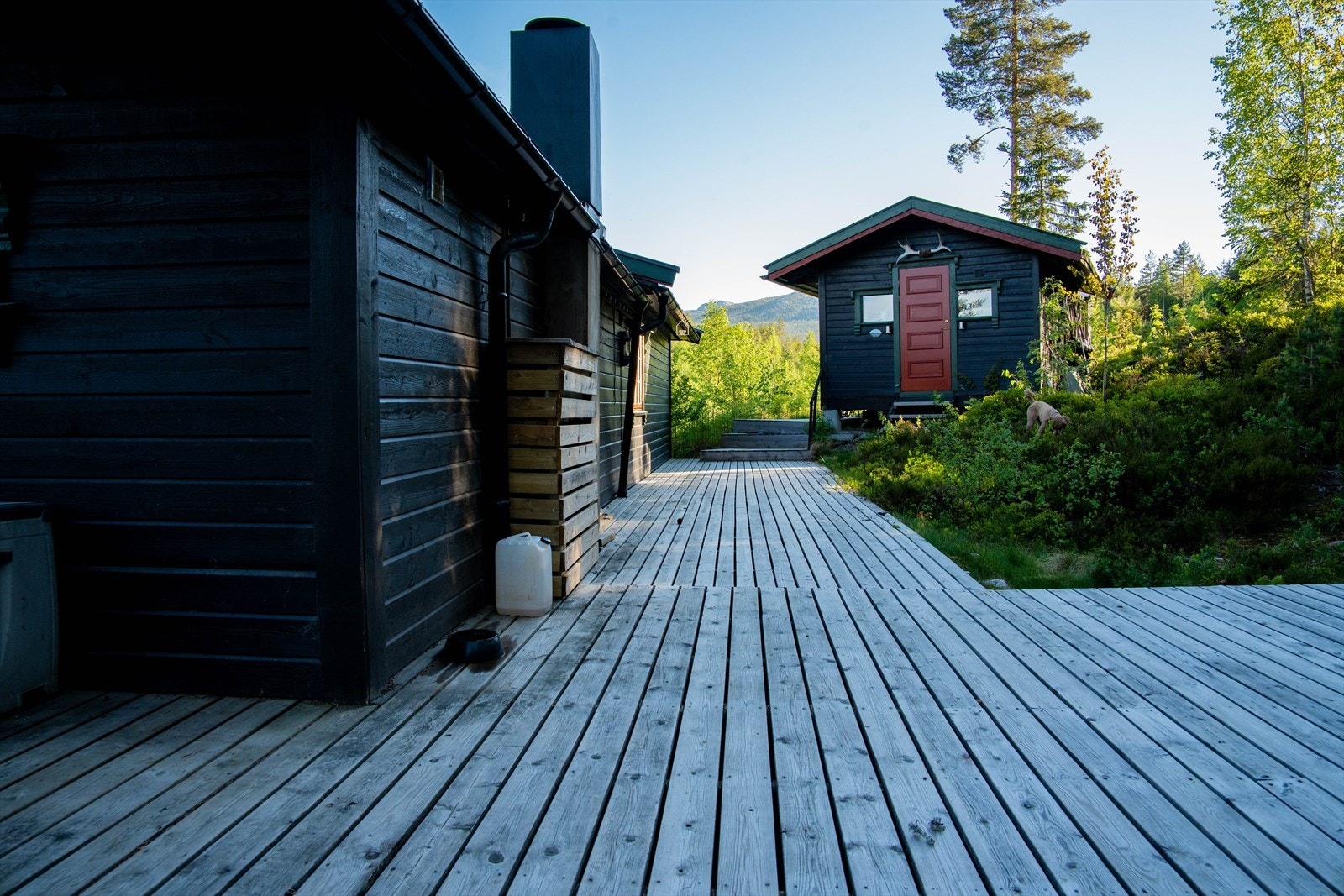 Privat foto fra eier. Bildene er tatt i kveldssol, med sol bak hytten. Galleribilde