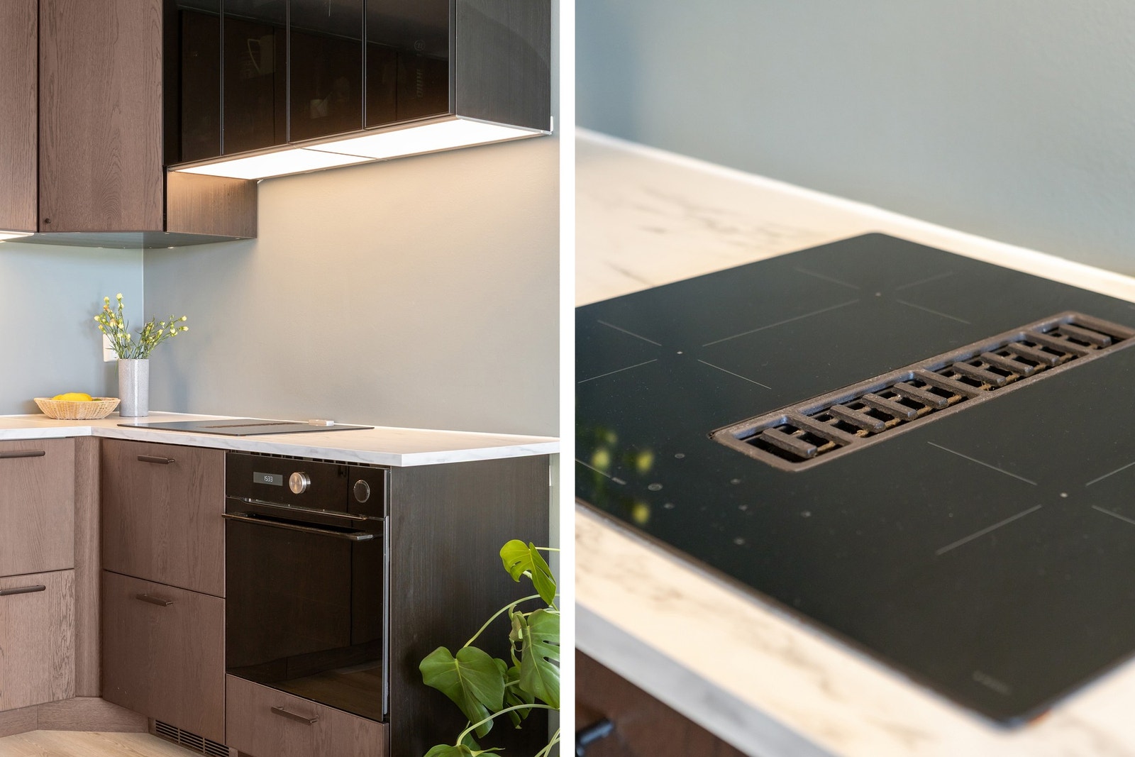 Integrert oppvaskmaskin, stekeovn og platetopp med kullfilterventilator. Galleribilde