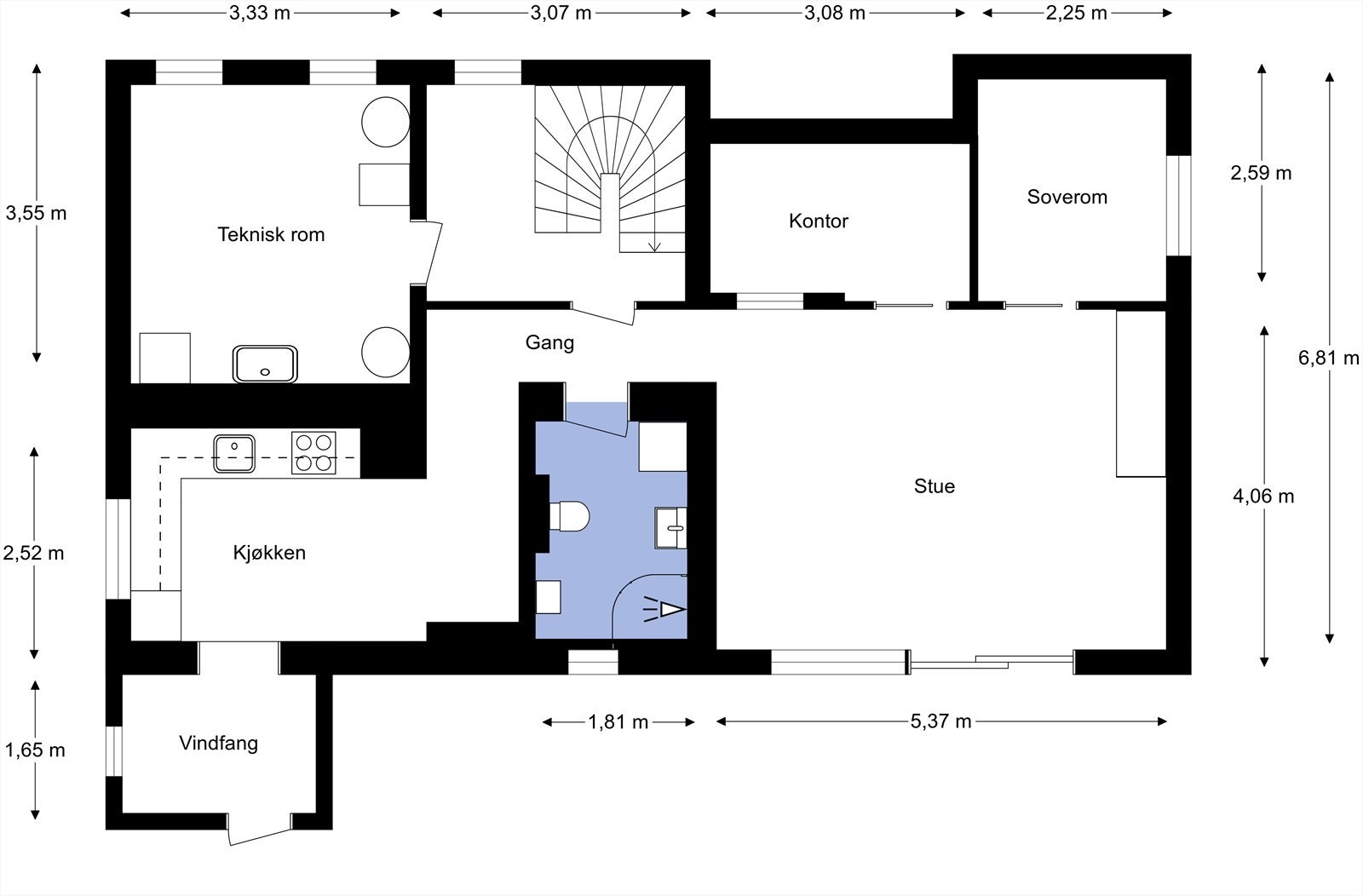 Hybelkjøkkenet er utstyrt med integrerte hvitevarer og ventilator med kullfilter. Vindfang gir praktisk inngangsparti til delen som blir leid ut i dag (ikke godkjent hybel). Galleribilde