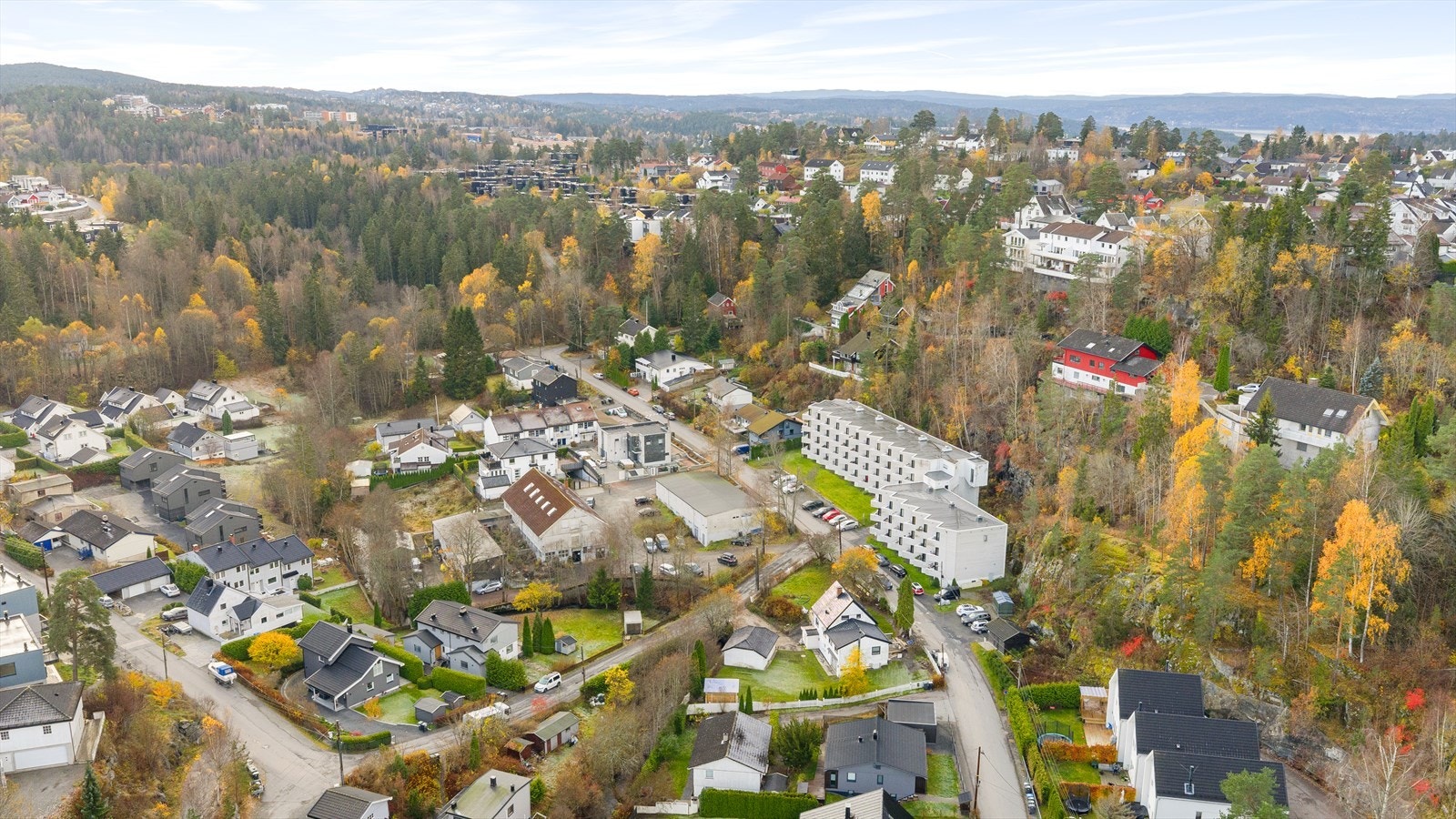 Fra luften ses boligens beliggenhet med utsikt mot Oslofjorden og nærhet til skogområder. Galleribilde