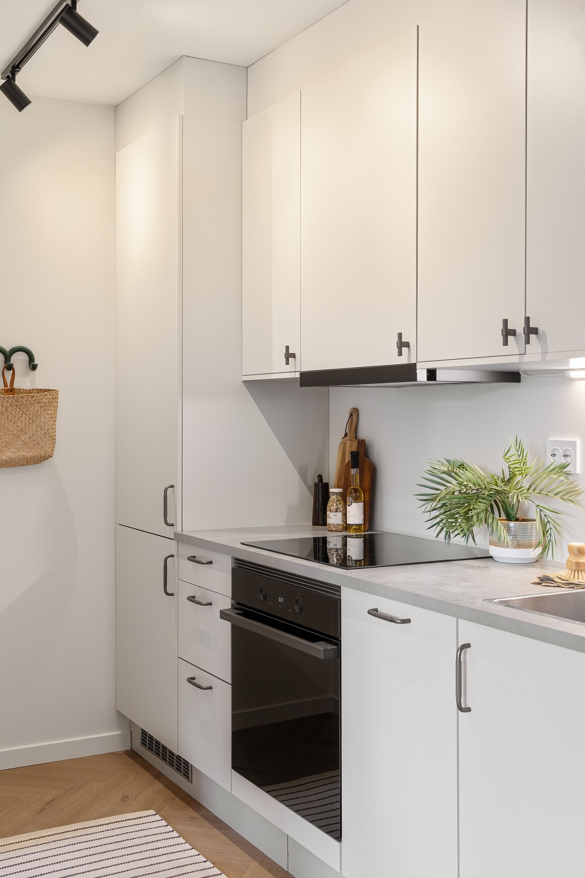 Komplett utstyrt kjøkken med platetopp, kjøleskap/fryser, stekeovn og oppvaskmaskin, alt helt nytt og ubrukt. Galleribilde