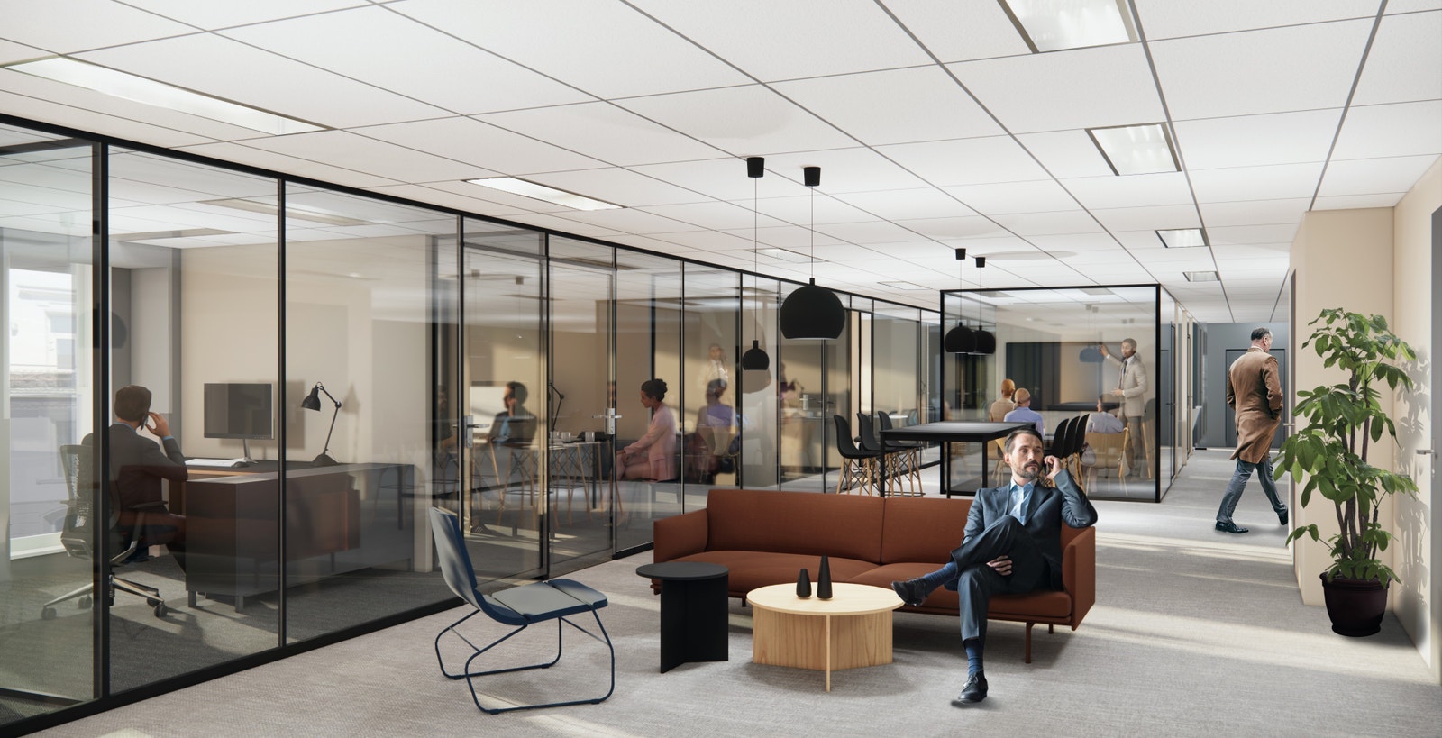 Illustrasjon kontorlokale med cellekontor Galleribilde