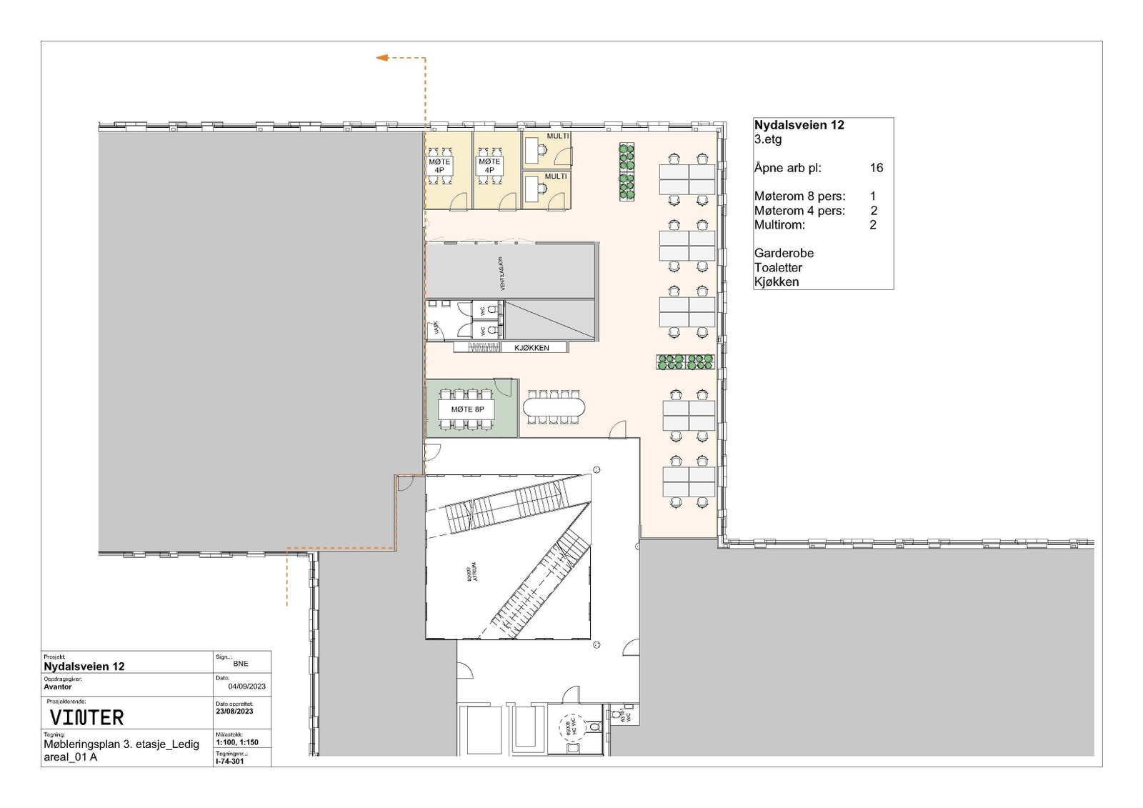 357 kvm BTA i byggets 3. etg. Kun forslag til planløsning. Endelig planløsning bestemmes sammen med ny leietaker. Galleribilde