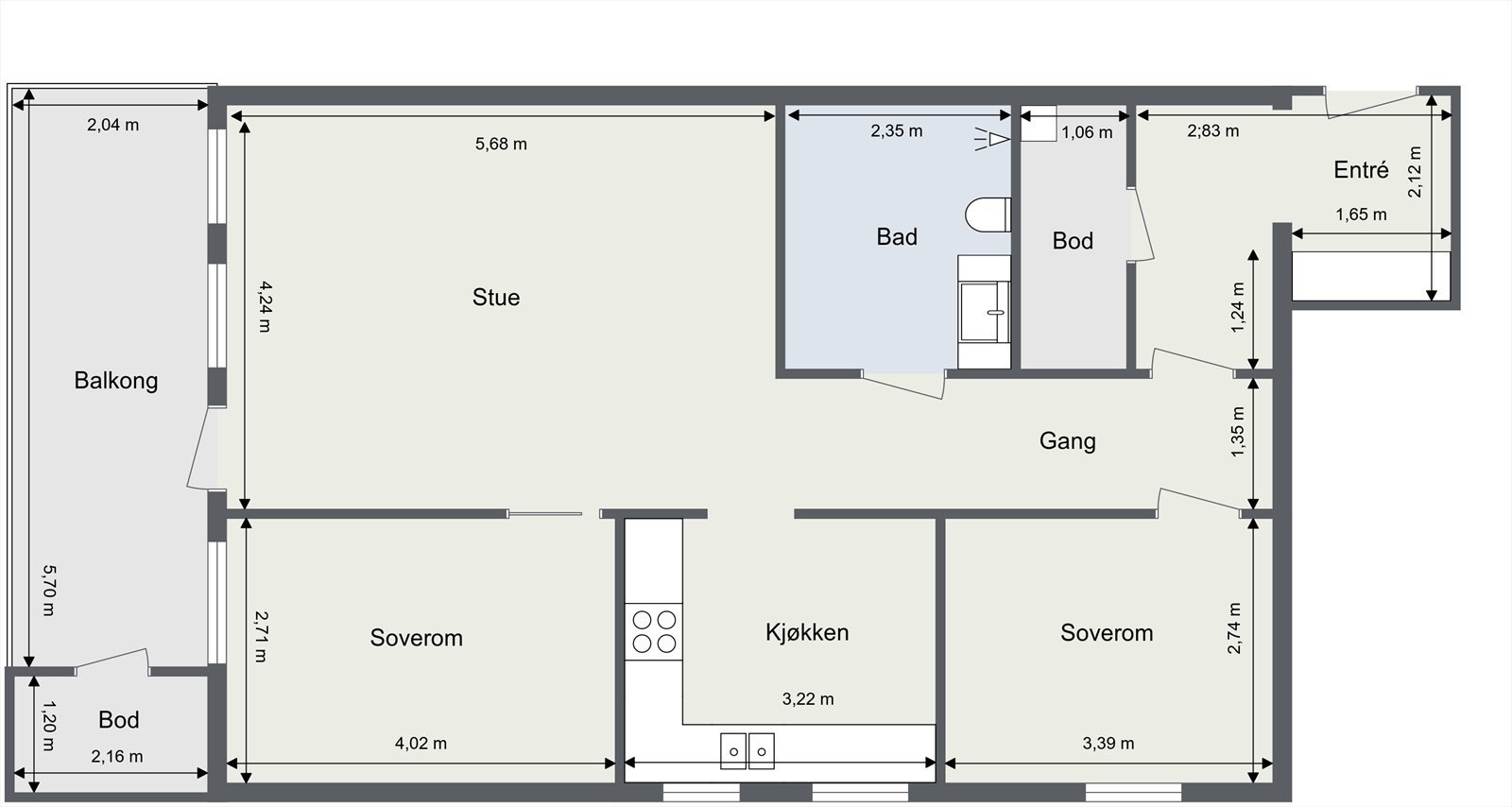 Målsatt plantegning, slik leiligheten er i dag. Galleribilde