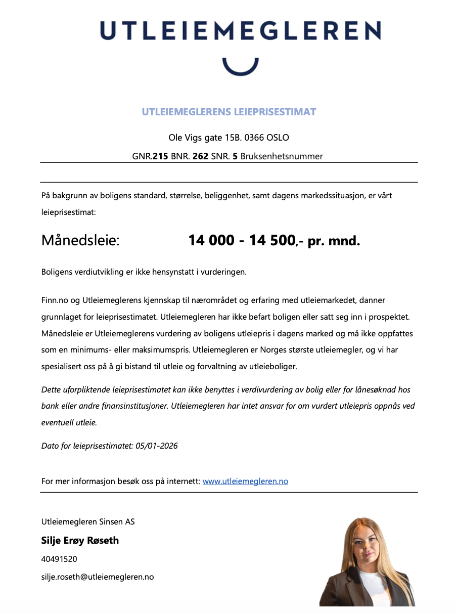 Prisestimat for utleie av hybelen Galleribilde