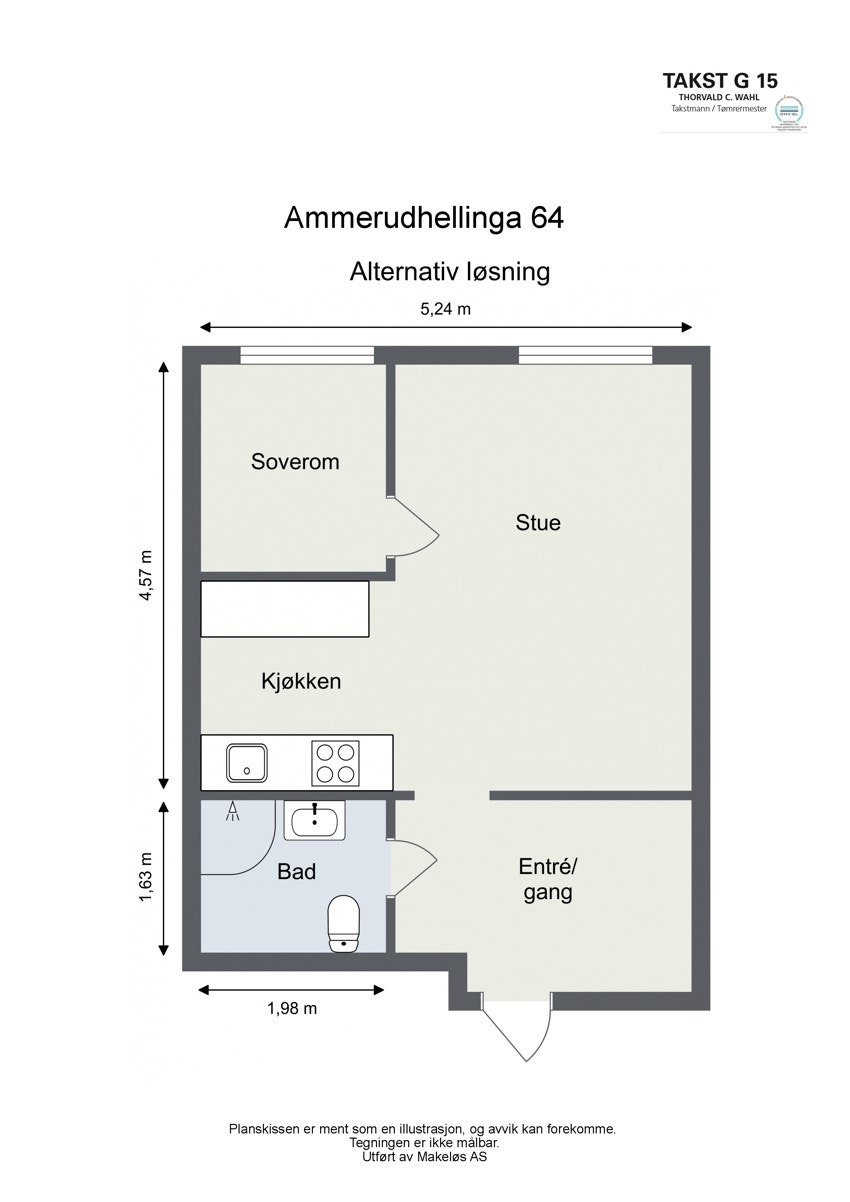 Altarnativ planløsning om det ønskes et eget soverom. Dette kan med letthet omgjøres uten de store kostnadene. Galleribilde