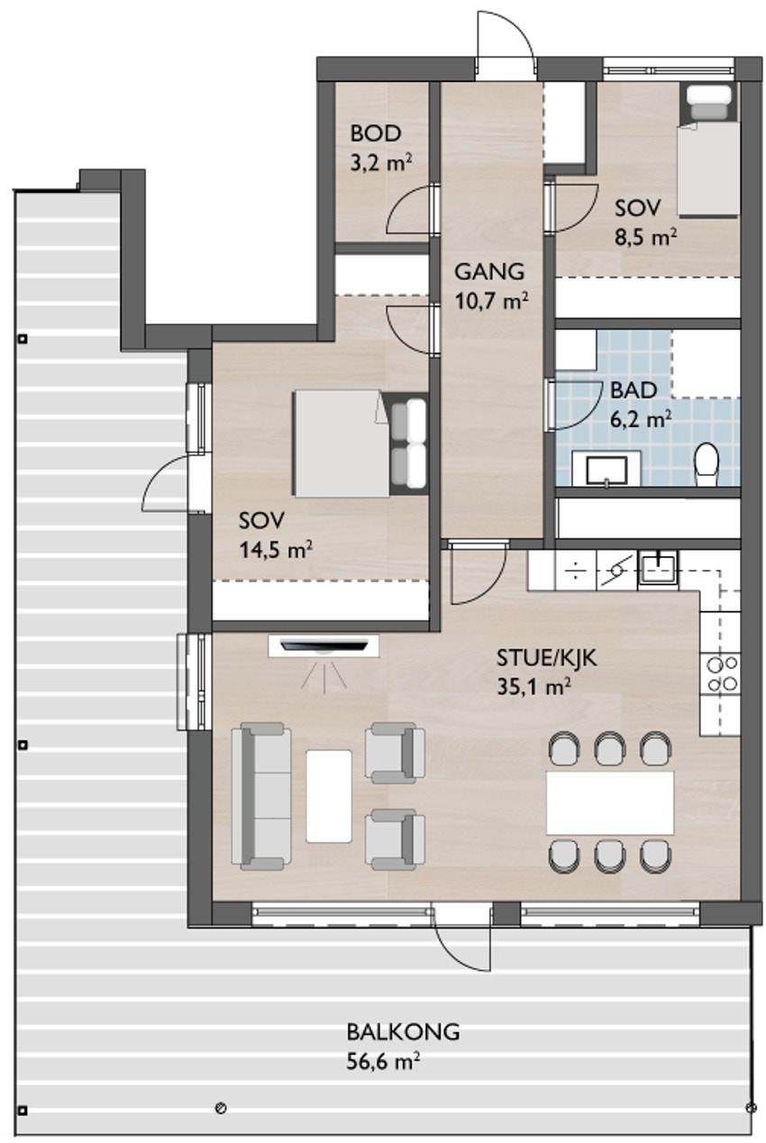 Hjørneleiligheten har en gjennongående planløsning og er beliggende i byggets 7. etasje. Galleribilde