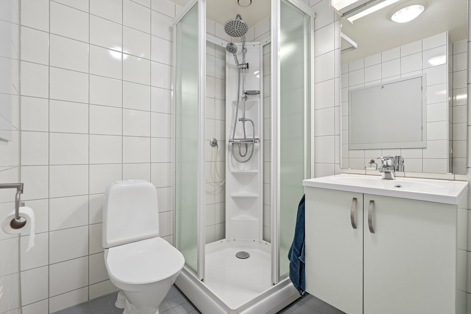 Her finner du toalett, dusjkabinett, baderomsinnredning og opplegg for vaskemaskin Galleribilde