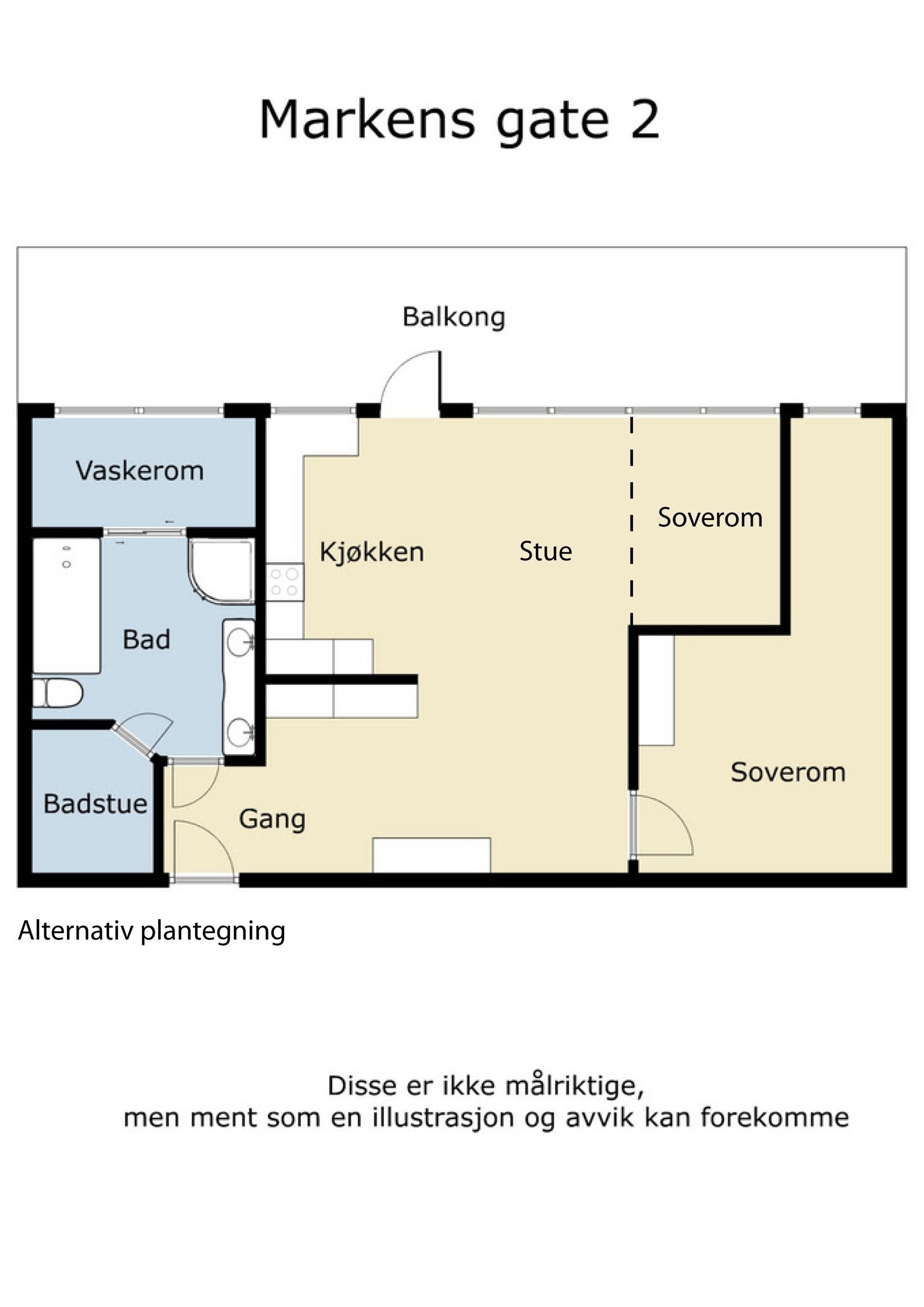 Denne viser løsningen med 2 soverom, der soverom nr 2 deles av fra del av stuen. Leiligheten er godkjent innredet slik med 2 soverom, kjøper kan selv velge om selger leverer skilleveggen vederlagsfritt. Galleribilde