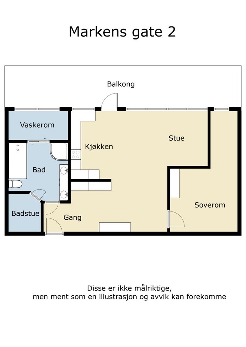 Plantegning. Her vist med ett soverom slik leiligheten er innredet nå. Selger leverer skillevegg vederlagsfritt for å dele av del av stue til soverom nr 2 om ønskelig for kjøper. Galleribilde
