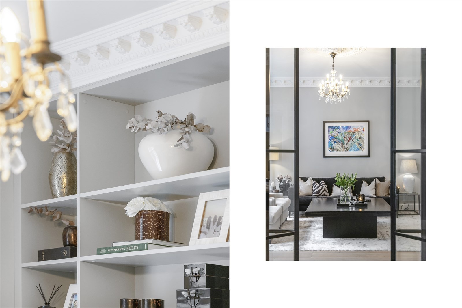 Stue II er innredet med spesialtilpassede hyller og skap fra gulv til tak . både praktisk og dekorativt. Galleribilde