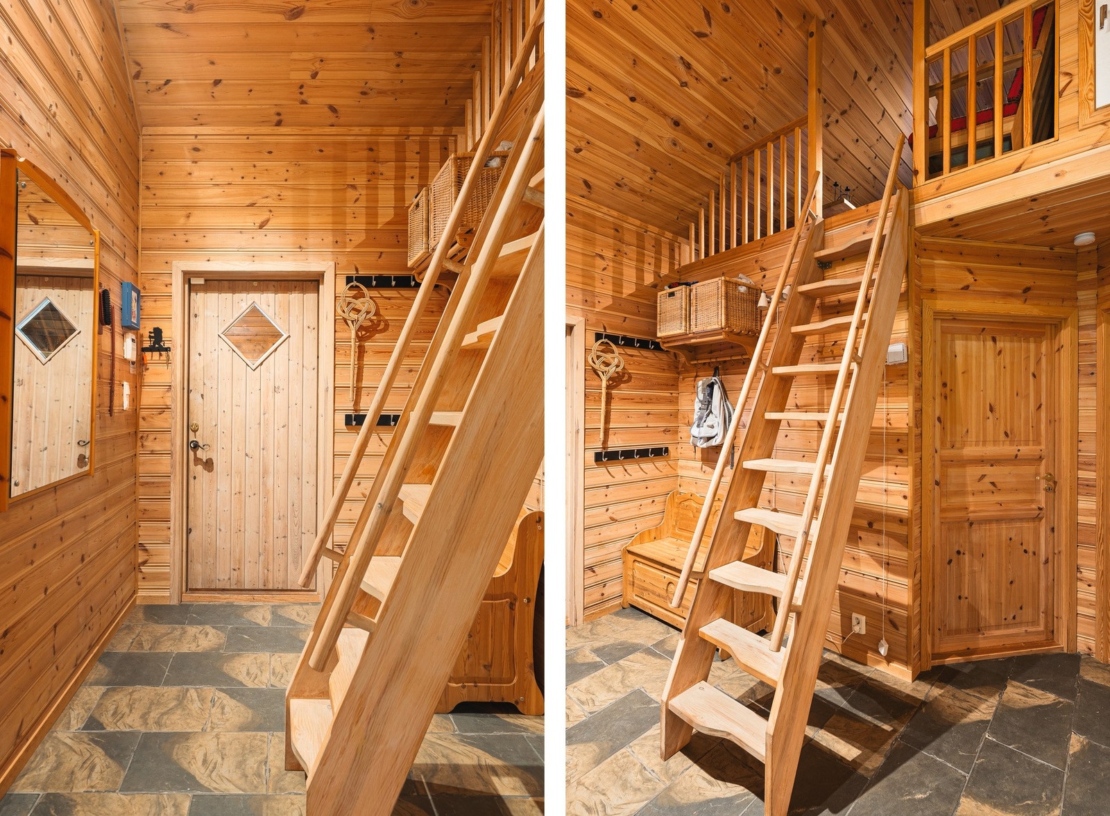 Fra entréen har du direkte tilgang til hemsen via en stige/trapp, samt videre inngang til hyttens øvrige rom. Galleribilde