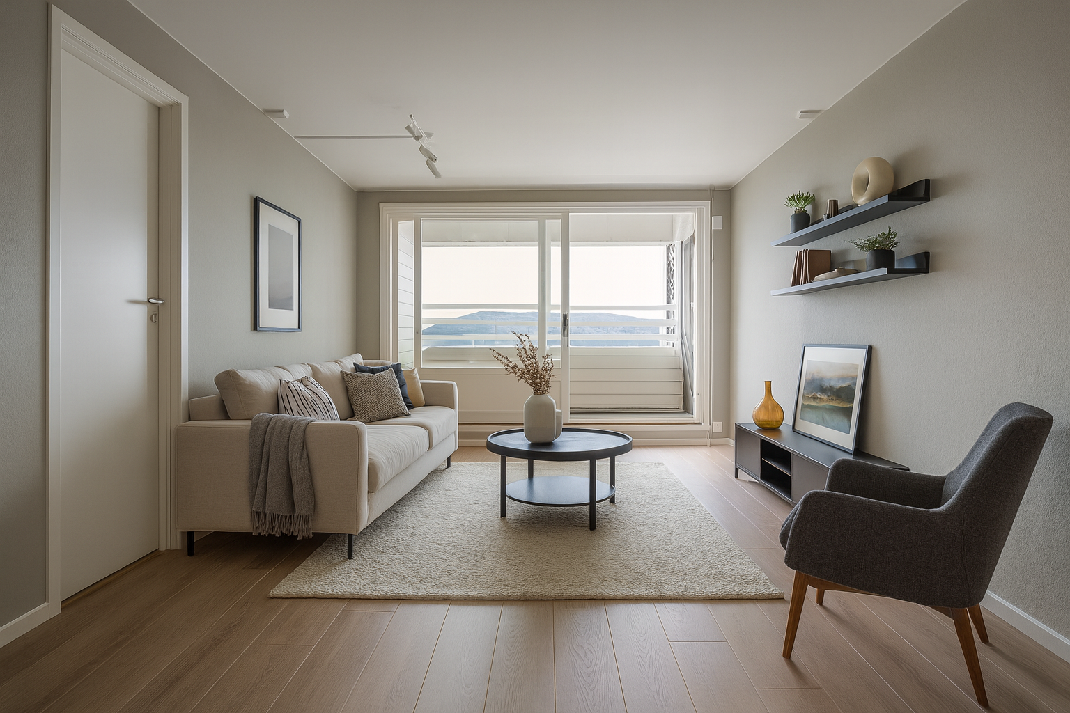 Stue med utgang til balkong. Rommet er digitalt stylet. Galleribilde