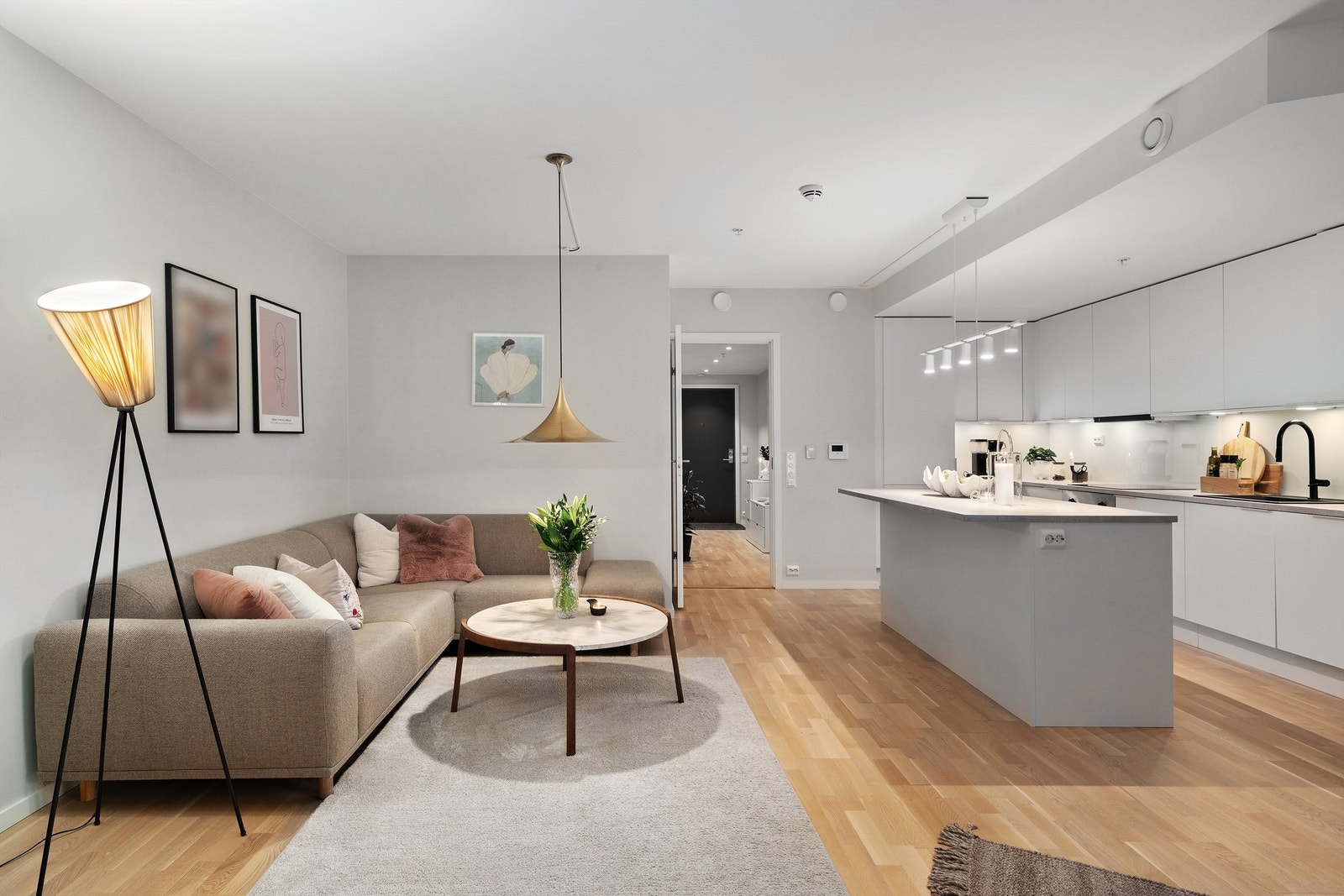 En åpen stue- og kjøkkenløsning skaper en lys og luftig atmosfære, og gjør det enkelt å samhandle med familie og venner, selv når man er opptatt med matlaging.
(Foto: Diakrit v/ Krisztian Sere). Galleribilde