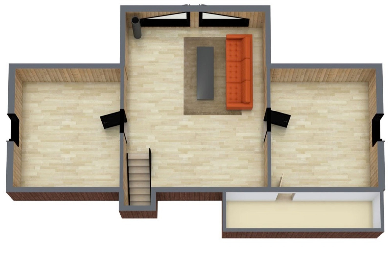 3D tegning hems. Denne er ikke målbar og avvik kan forekomme. Innredningene er kun for å illustrere muligheter.
Merk at hems etasjen har knevegger som ikke kommer frem på 3D tegningen. Galleribilde