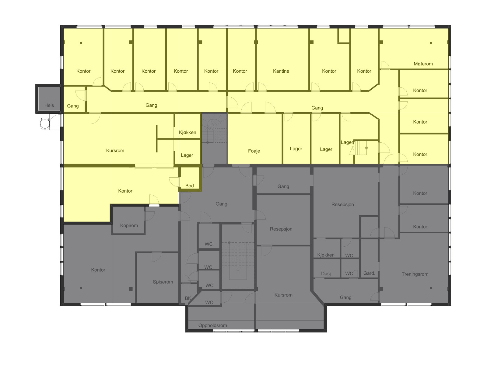 Plantegning 2. etasje. Ledig areal er markert i gul. Galleribilde
