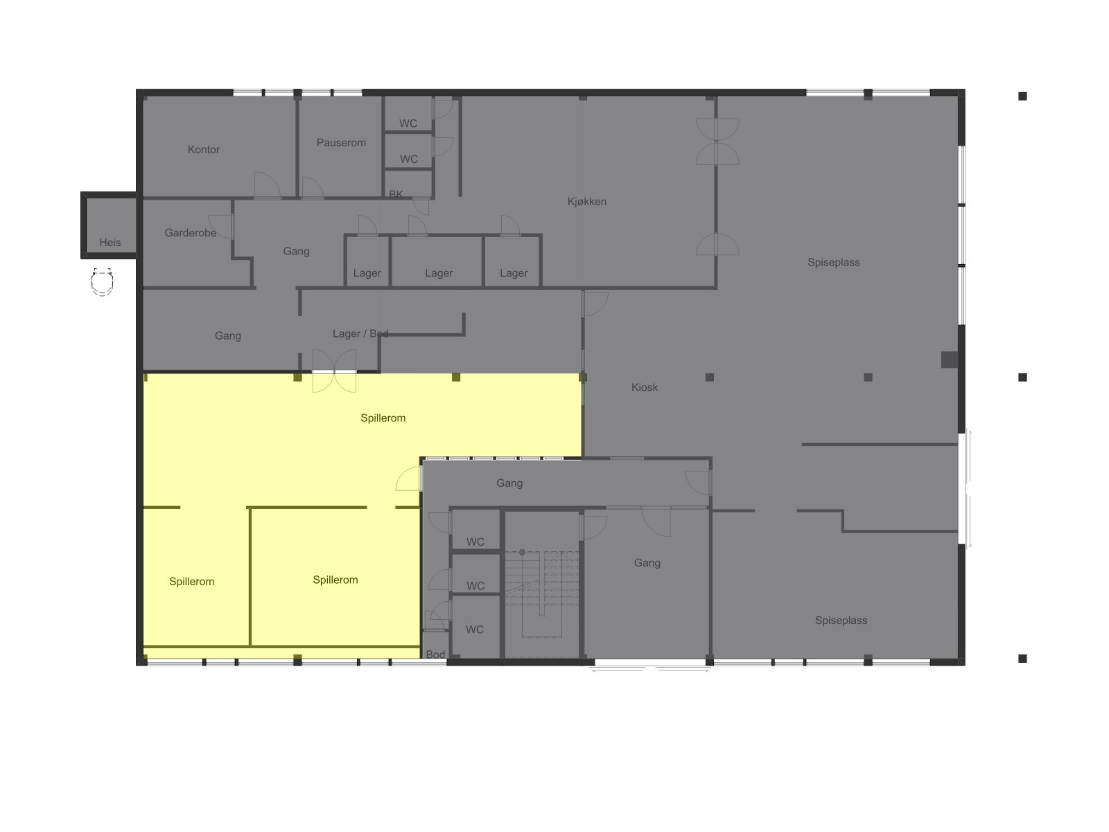 Plantegning 1. etasje. Ledig areal er markert i gul. Galleribilde