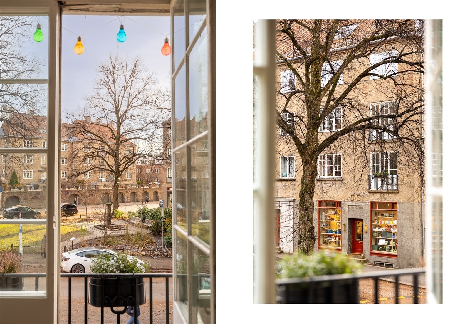 Fritt og nydelig utsyn ned mot den frodige nærparken "Lille Jacob". Delikatesseforretningen Havens Kolonial ligger rett over veien. Galleribilde