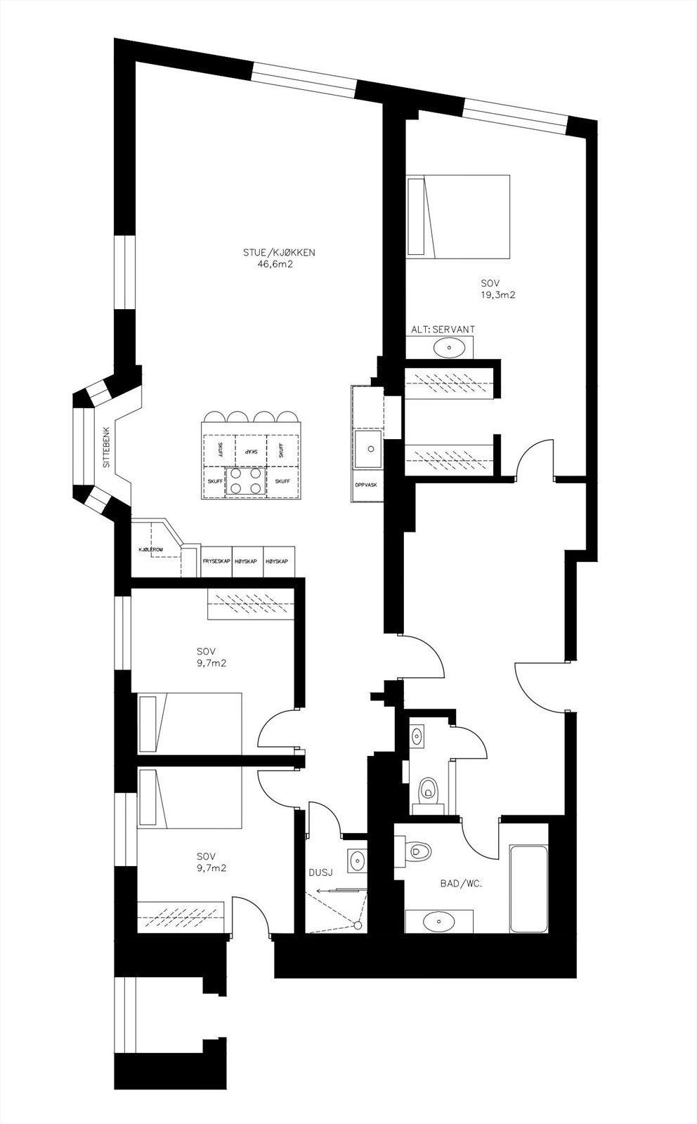 Illustrasjon av alternativ plantegning. Ny eier har selv ansvar for at eventuelle endringer i planløsning oppfyller dagens krav. Galleribilde