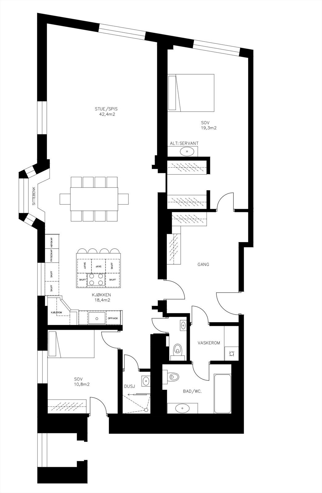 Illustrasjon av alternativ plantegning. Ny eier har selv ansvar for at eventuelle endringer i planløsning oppfyller dagens krav. Galleribilde