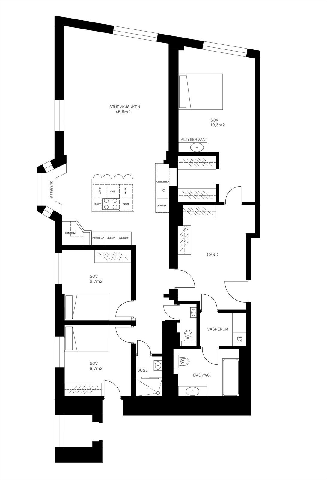Illustrasjon av alternativ plantegning. Ny eier har selv ansvar for at eventuelle endringer i planløsning oppfyller dagens krav. Galleribilde