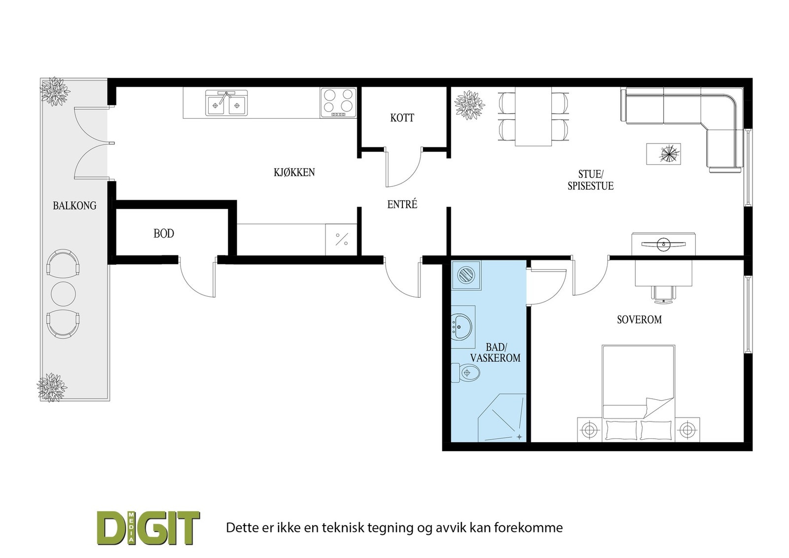 Plantegning
Mrk. at boden ved kjøkkenet er del av fellesarealet men disponeres av denne leiligheten. Galleribilde